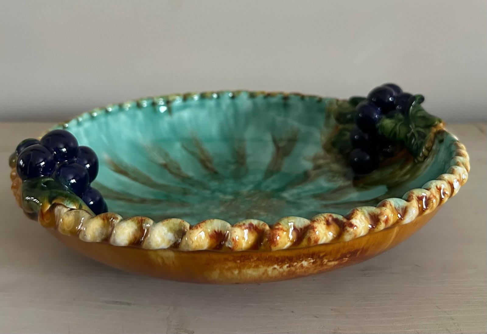 Antique 1950's St Peter Graz Austrian Majolica Blue Pie Dish With Grapes - 4