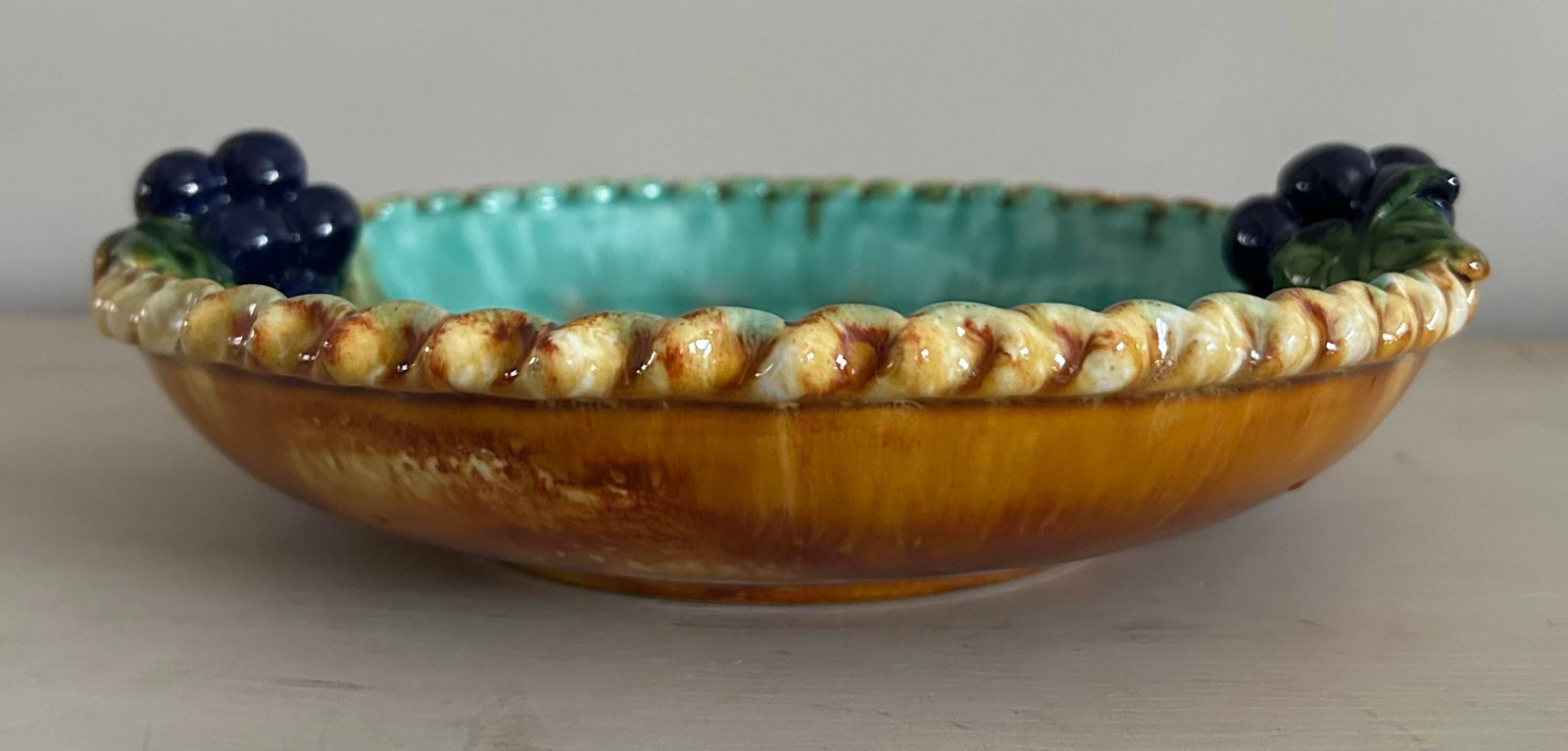 Antique 1950's St Peter Graz Austrian Majolica Blue Pie Dish With Grapes - 5