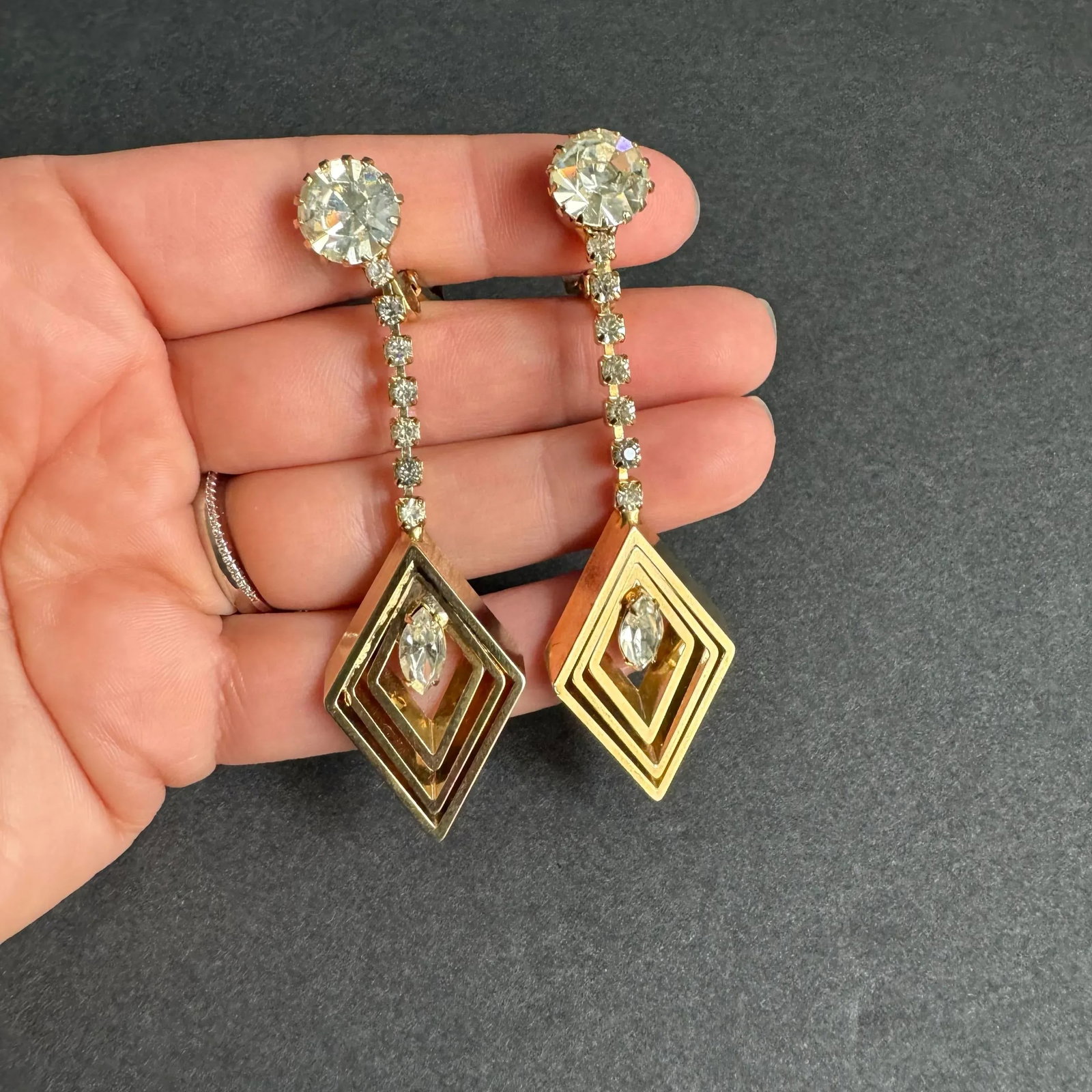 Vintage Rhinestone Drop Earrings Gold Tone Diamond Dangle Drop Clip-on Festive Cocktail - 2