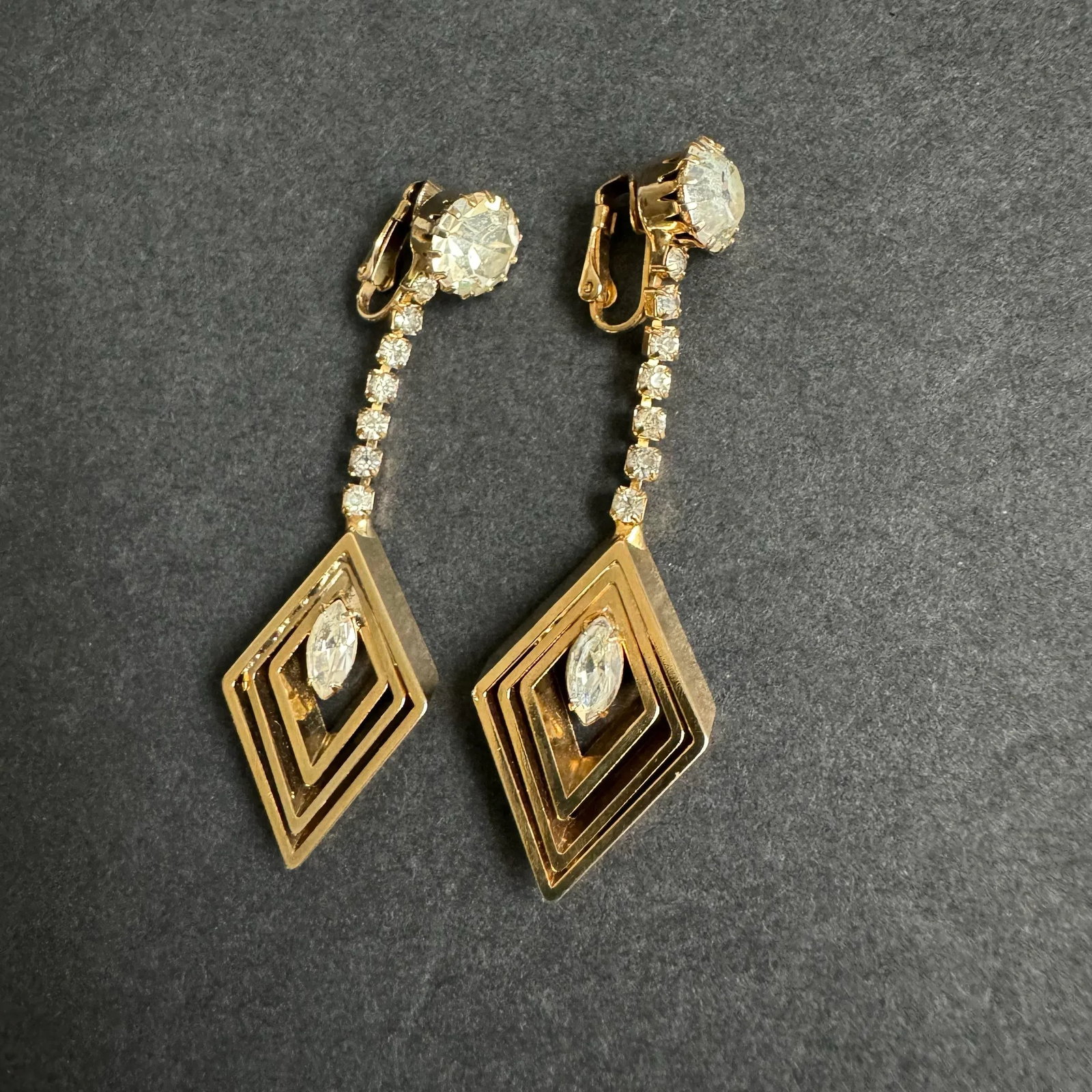 Vintage Rhinestone Drop Earrings Gold Tone Diamond Dangle Drop Clip-on Festive Cocktail - 3