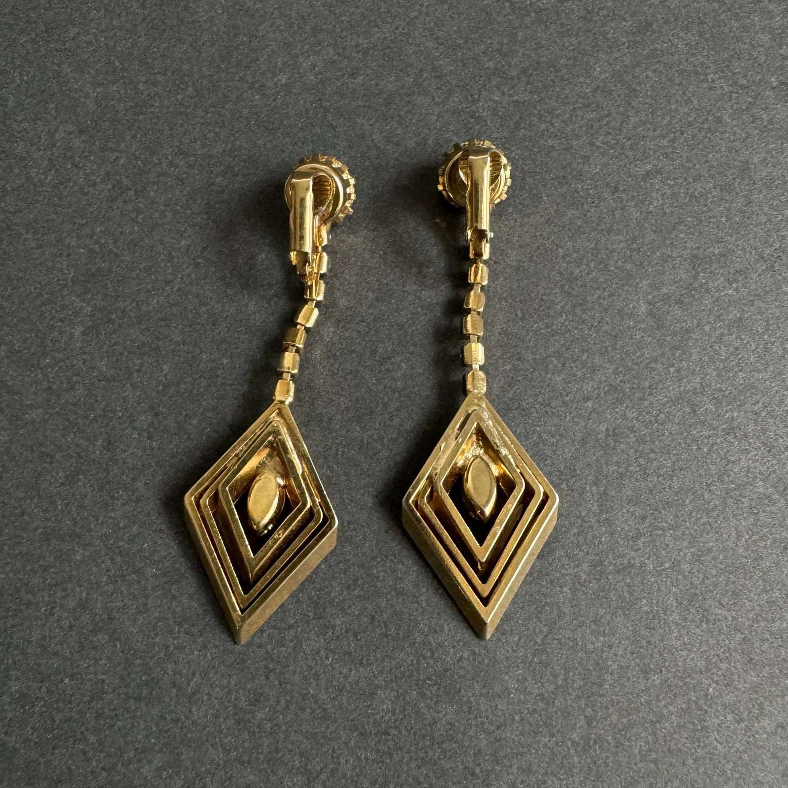 Vintage Rhinestone Drop Earrings Gold Tone Diamond Dangle Drop Clip-on Festive Cocktail - 4