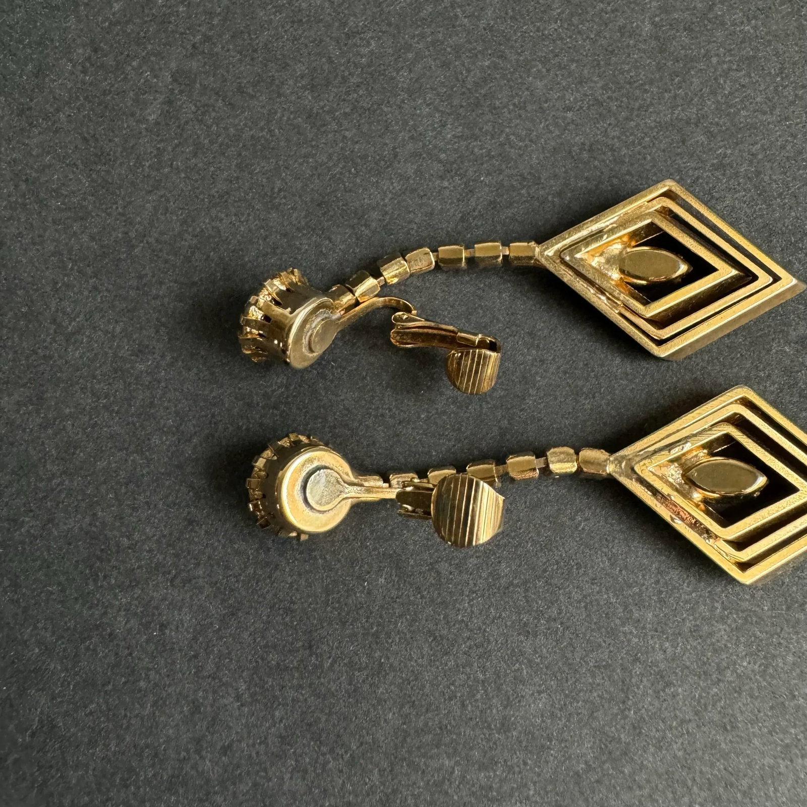 Vintage Rhinestone Drop Earrings Gold Tone Diamond Dangle Drop Clip-on Festive Cocktail - 5
