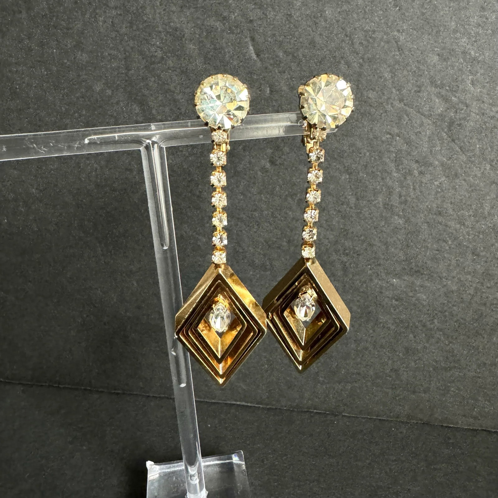 Vintage Rhinestone Drop Earrings Gold Tone Diamond Dangle Drop Clip-on Festive Cocktail - 6