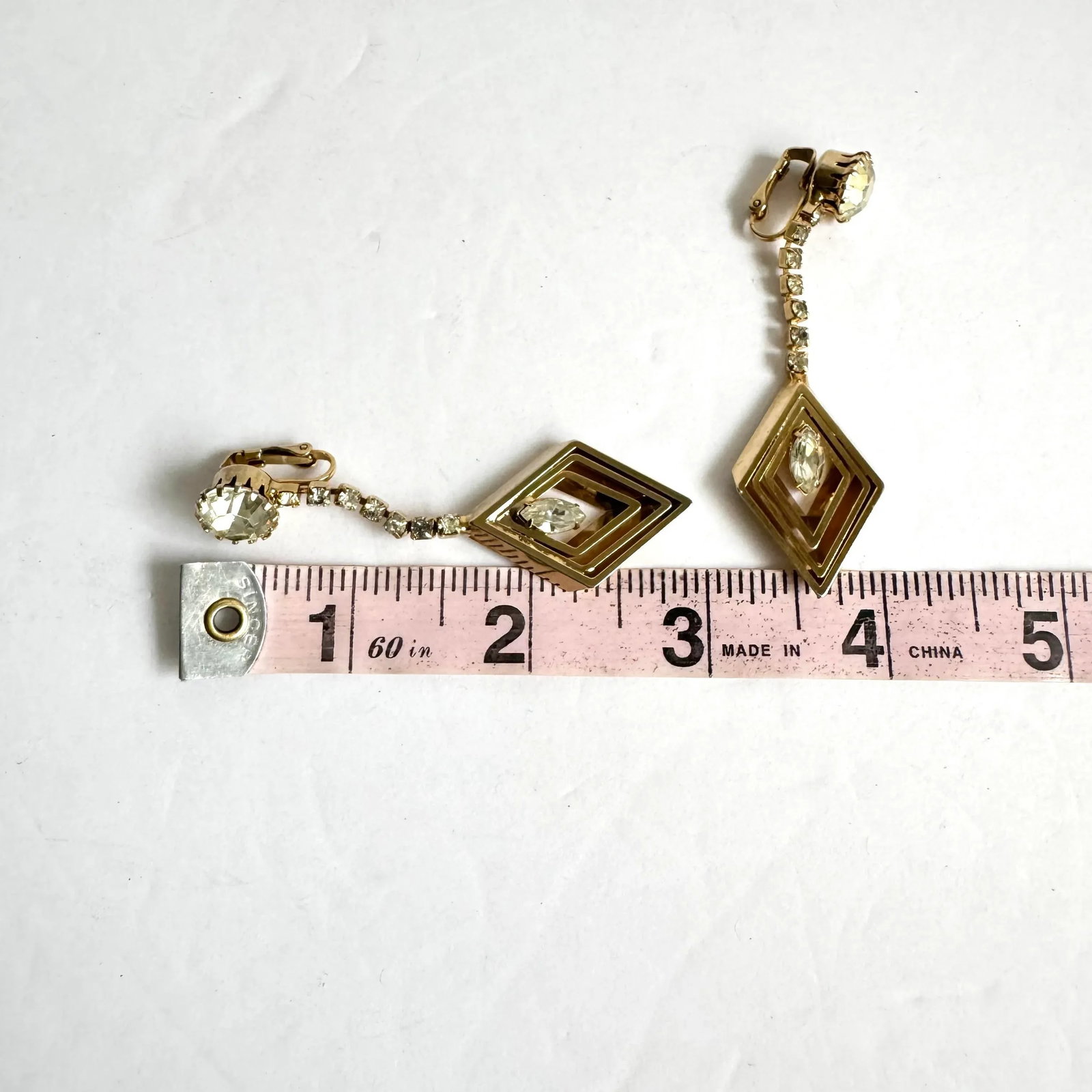 Vintage Rhinestone Drop Earrings Gold Tone Diamond Dangle Drop Clip-on Festive Cocktail - 7