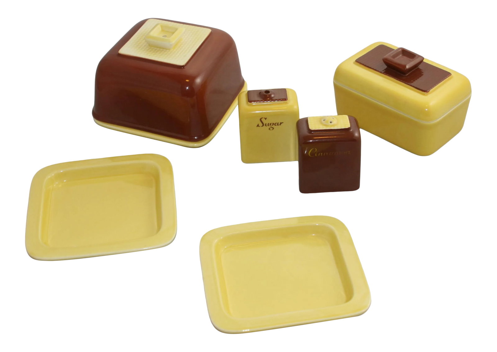 1940s Art Deco Ceramic Breakfast Serving Set Brown and Yellow - 8 Pieces: Art Deco French Toast Breakfast Serving Set 8 Piece set This 8-piece set consists of a domed lidded serving plate, a divided lidded condiment / fresh fruit and butter server, 2 square plates, one