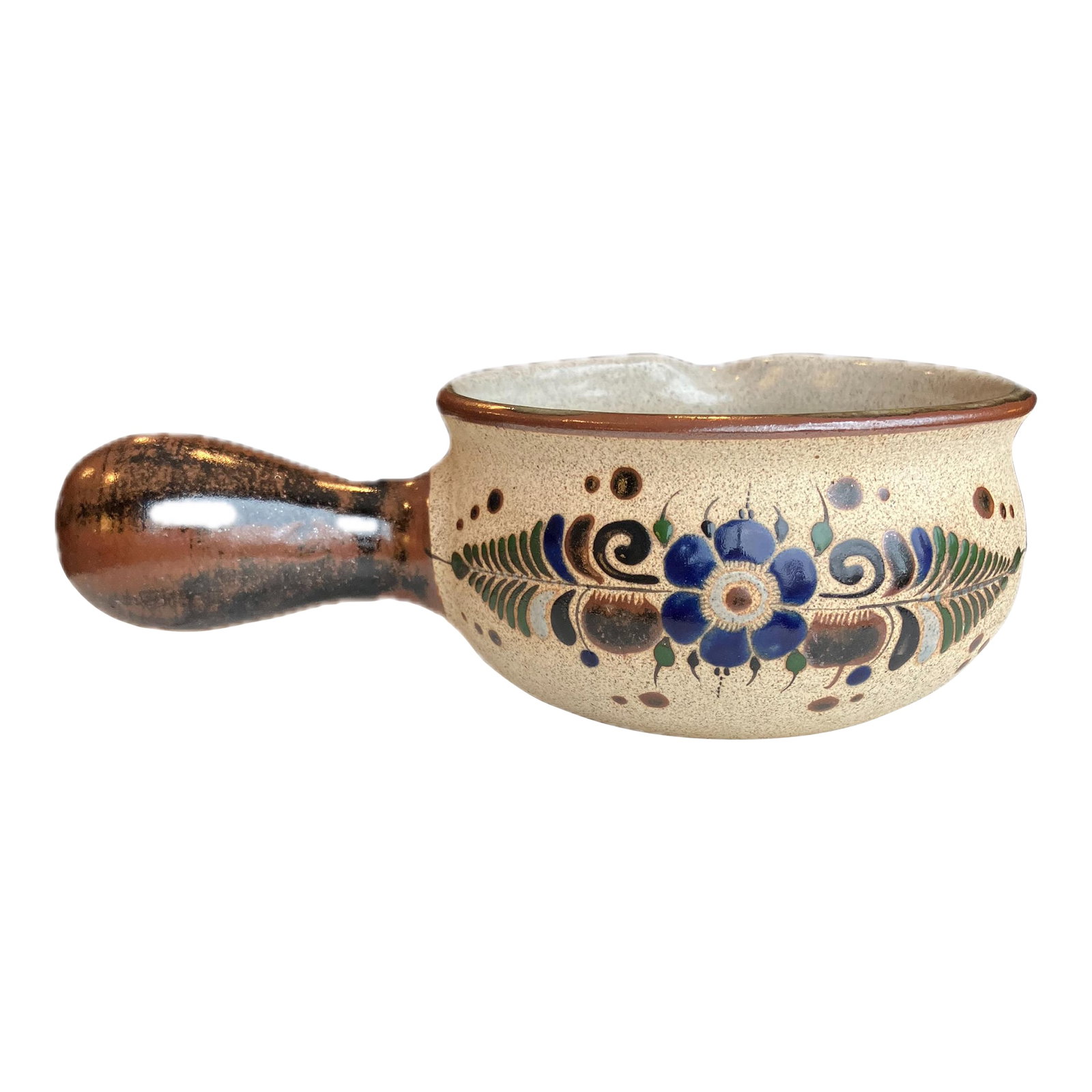 Vintage Mexican Tonala Folk Art Hand Painted Stoneware Ladle Pot: This is a vintage Netzi Mexican folk art pottery pitcher or ladle pot. Handcrafted stoneware pottery with a rustic, glazed finish. Features traditional Tonala-style hand-painted floral and bird