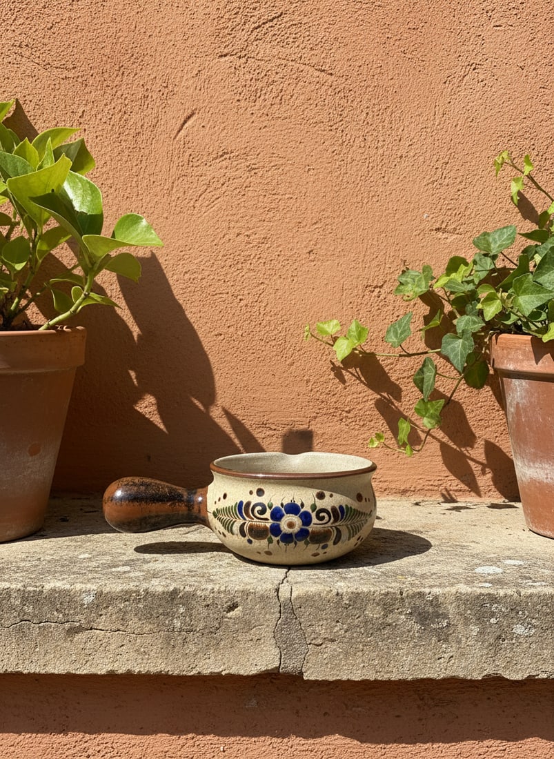 Vintage Mexican Tonala Folk Art Hand Painted Stoneware Ladle Pot - 2