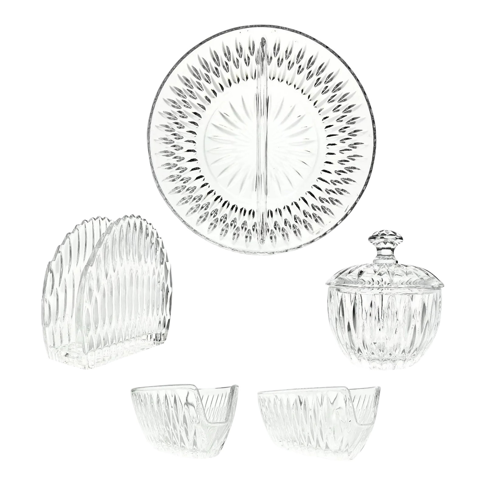 1990s Princess House "Highlights" 5-Piece Crystal Dinnerware Serving Hostess Set: Princess House "Highlights" 5-Piece Crystal Dinnerware Serving Hostess Set Excellent condition. No chips, cracks, or fleabites. Set Includes 2 Spoon Rests 5 1/4" 1 Sugar Bowl & Lid 4 1/8" 1 Napkin