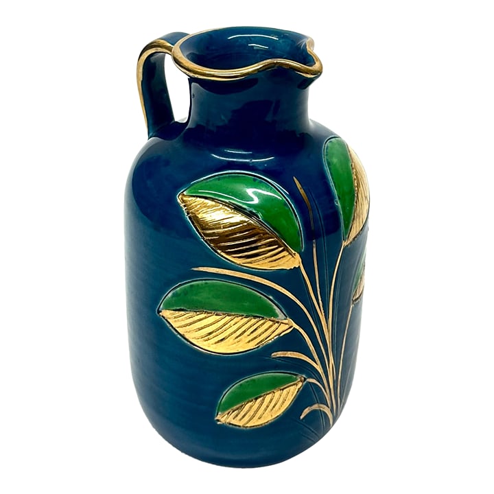 Mid 20th Century Stunning Blue Green & Gold Ceramic Pitcher With Leafy Motif by Aldo Bitossi for Ros: Blue, green, and gold pitcher. This is a stunning blue, green, and gold ceramic pitcher with a leaf motif design by Aldo Bitossi for Rosenthal. Made in Italy Measurements (including the handle):