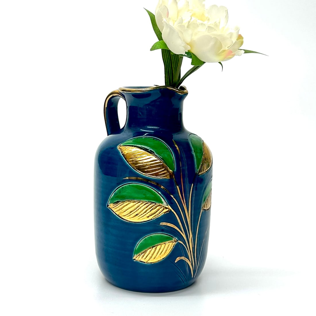Mid 20th Century Stunning Blue Green & Gold Ceramic Pitcher With Leafy Motif by Aldo Bitossi for Ros - 2