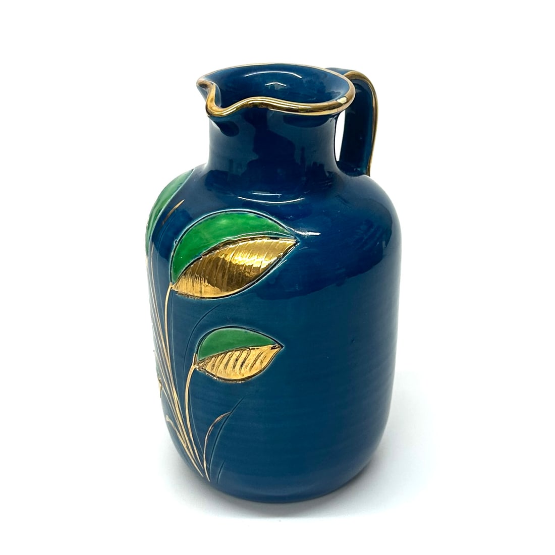 Mid 20th Century Stunning Blue Green & Gold Ceramic Pitcher With Leafy Motif by Aldo Bitossi for Ros - 3