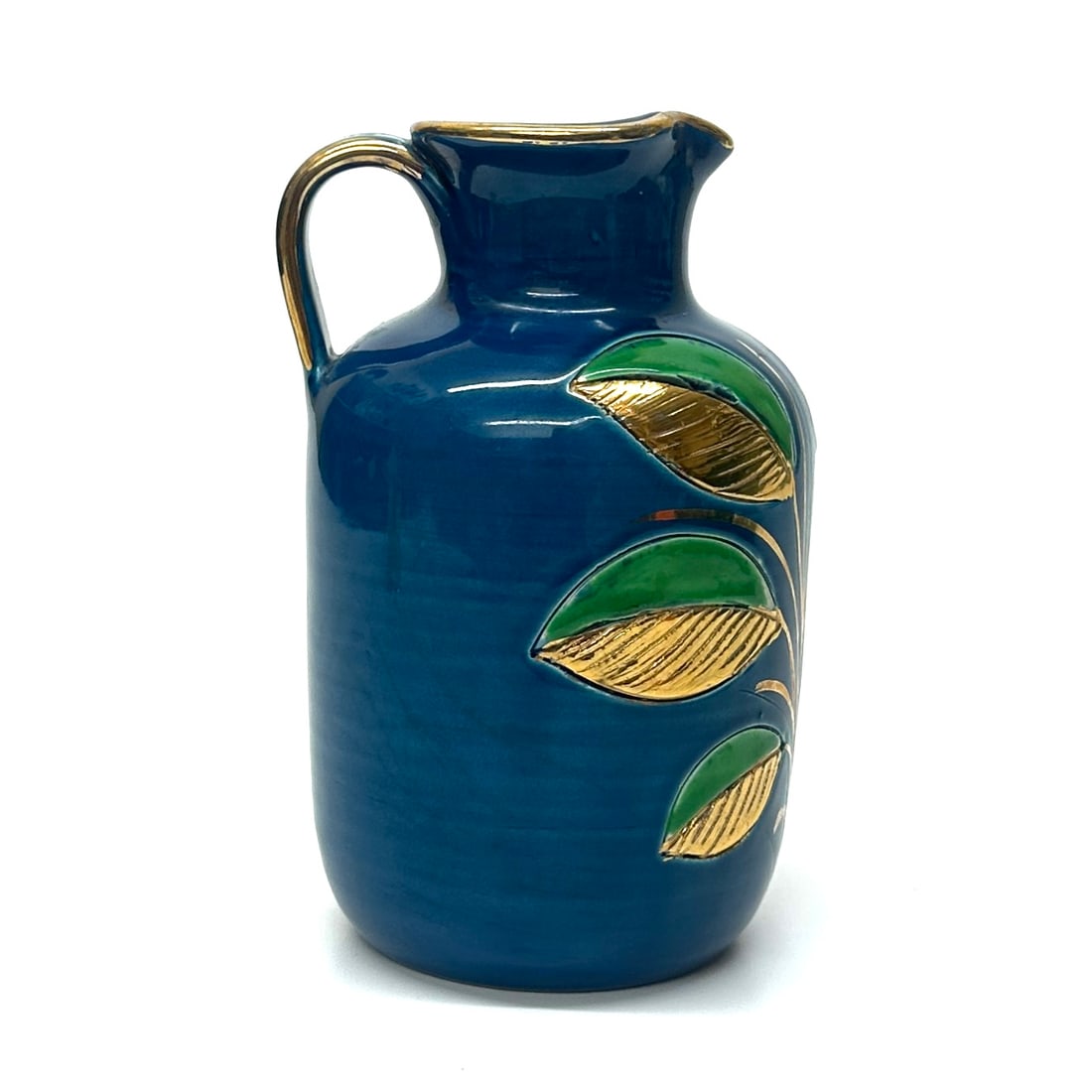 Mid 20th Century Stunning Blue Green & Gold Ceramic Pitcher With Leafy Motif by Aldo Bitossi for Ros - 4
