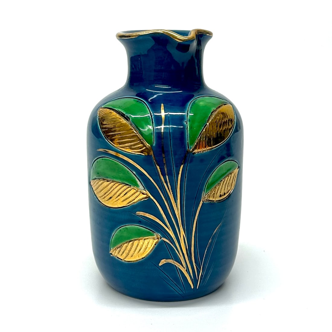 Mid 20th Century Stunning Blue Green & Gold Ceramic Pitcher With Leafy Motif by Aldo Bitossi for Ros - 5