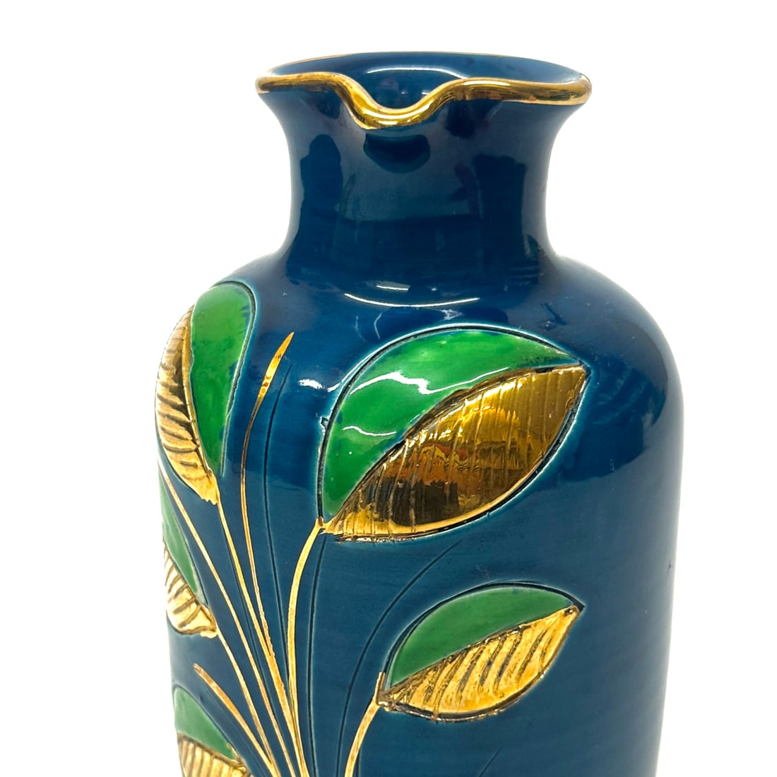 Mid 20th Century Stunning Blue Green & Gold Ceramic Pitcher With Leafy Motif by Aldo Bitossi for Ros - 8