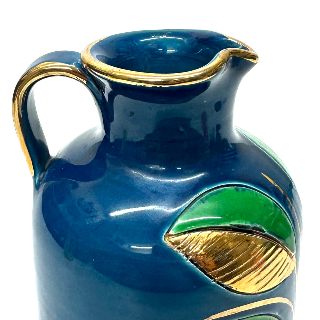 Mid 20th Century Stunning Blue Green & Gold Ceramic Pitcher With Leafy Motif by Aldo Bitossi for Ros - 9
