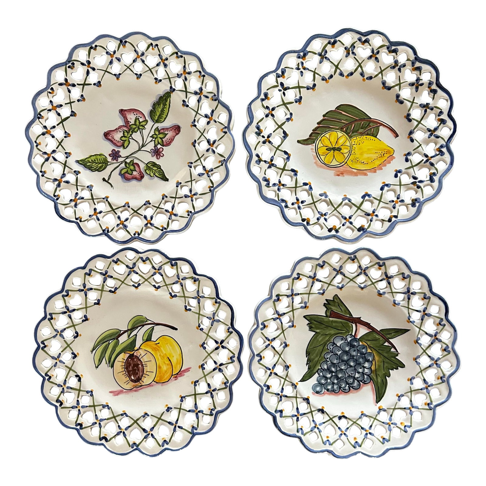 Vintage Fruit Plates Heart Pierced Edge Hand Painted Made in Portugal: Vintage fruit plates with heart design pierced edges. Hand painted and hand made in Portugal. Beautiful vibrant colors. Each plate measures 9.75" diameter. Condition: Alterations: Original Condition