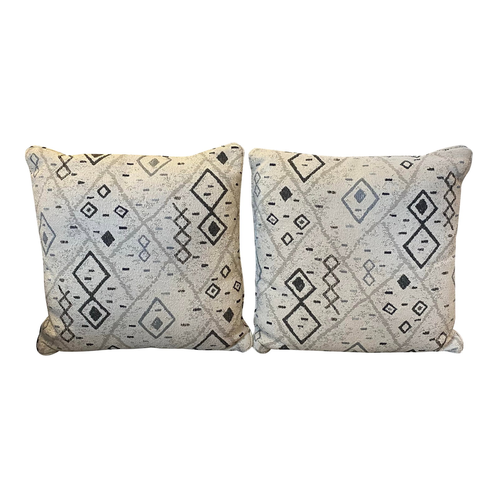Modern Neutral Geometric Tribal Design Woven Throw Pillows-Set of Two: Modern Geometric Woven Throw Pillows Set Two Neutral Tribal Design Set of two decorative woven throw pillows featuring a neutral cream background with black gray and soft blue geometric tribal