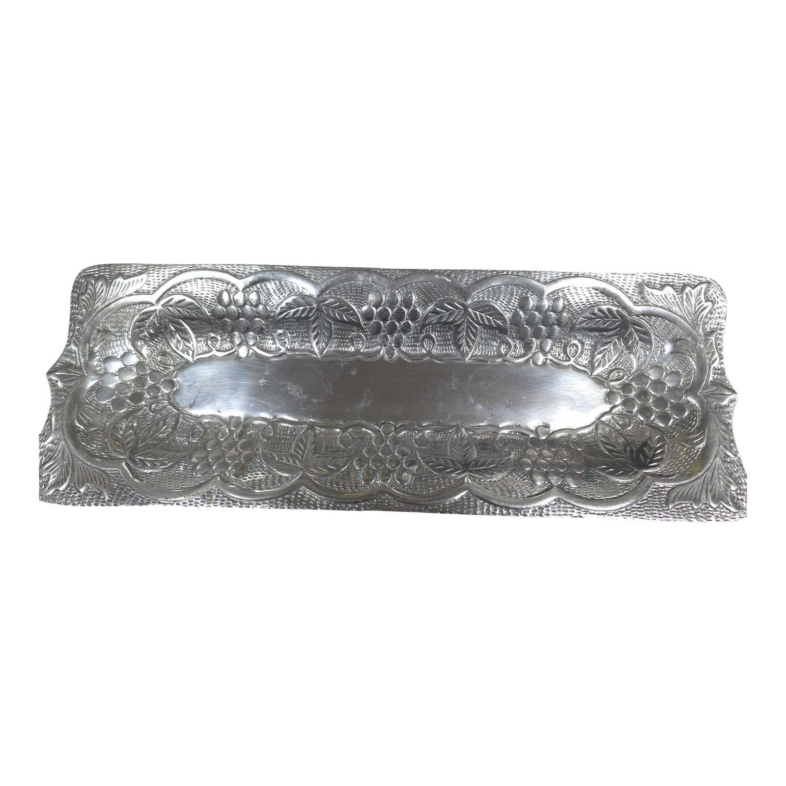 Aluminum Grape Motif Tray: Beautiful aluminum tray featuring a grape and vine motif. Label on the back is faded but reads 'made in India.' Condition: Alterations: Original Condition Unaltered Imperfections: Some Imperfections