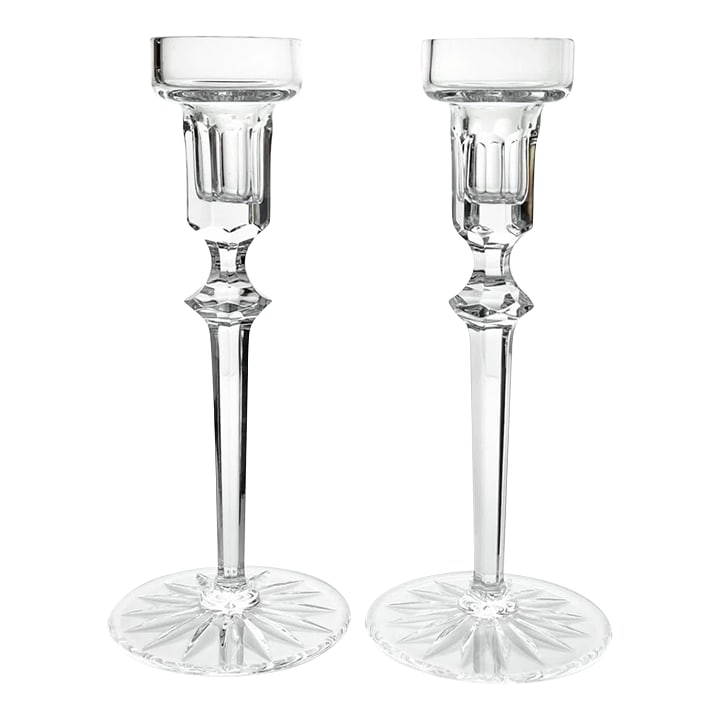 1990s Rogaska "Richmond" Pair of Crystal Taper Candlestick Holders: Rogaska "Richmond" Pair of Crystal Taper Candlestick Holders 7 7/8" Signed Excellent condition. No chips, cracks, or fleabites. Height 7 7/8" Length (Base) 3 1/4" Suitable for 5/8" diameter taper