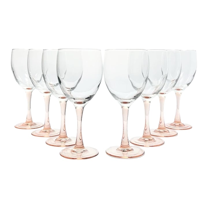 1990s Cristal D'Arques "Rose" Set of 8 Wine, Water or All Purpose Pink Stem Glasses: Cristal d'Arques "Rose" Set of 8 Wine/Water or All Purpose Glasses 7 1/4" 10oz Pink Stem Good condition. No chips, cracks, or fleabites. Height 7 1/4" Length (Opening) 2 7/8" Holds 10oz Circa 2000s Co