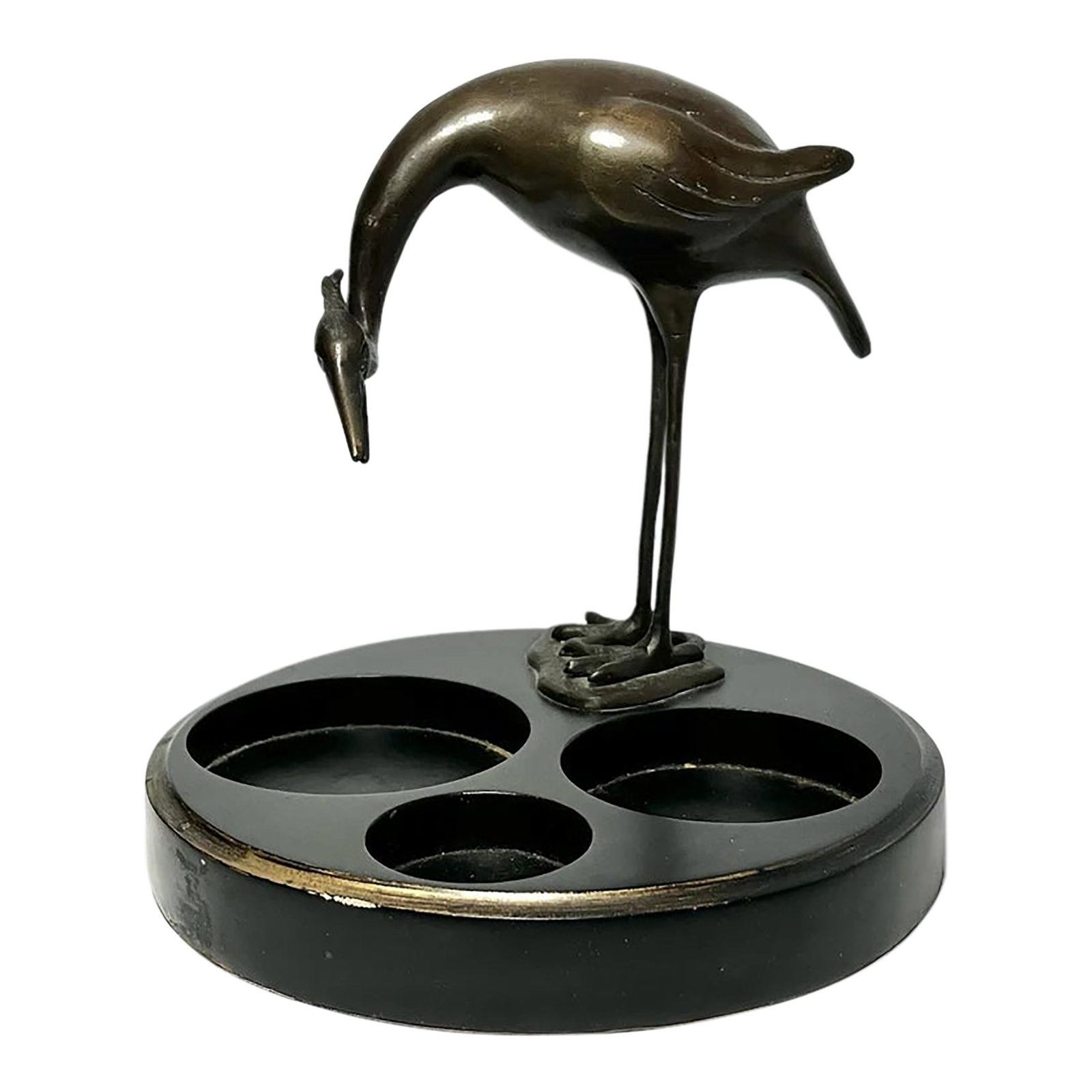 1960s Vintage Bronze Crane Bird 3-Compartment Vanity Dresser Tray: Vintage Bronze Crane Bird 3-Compartment Office Supply Holder/Vanity Dresser Tray Good vintage condition. No damage to bronze crane or mounted tray. Height 7" Length 7 1/4" Circa 1960-70s Condition: