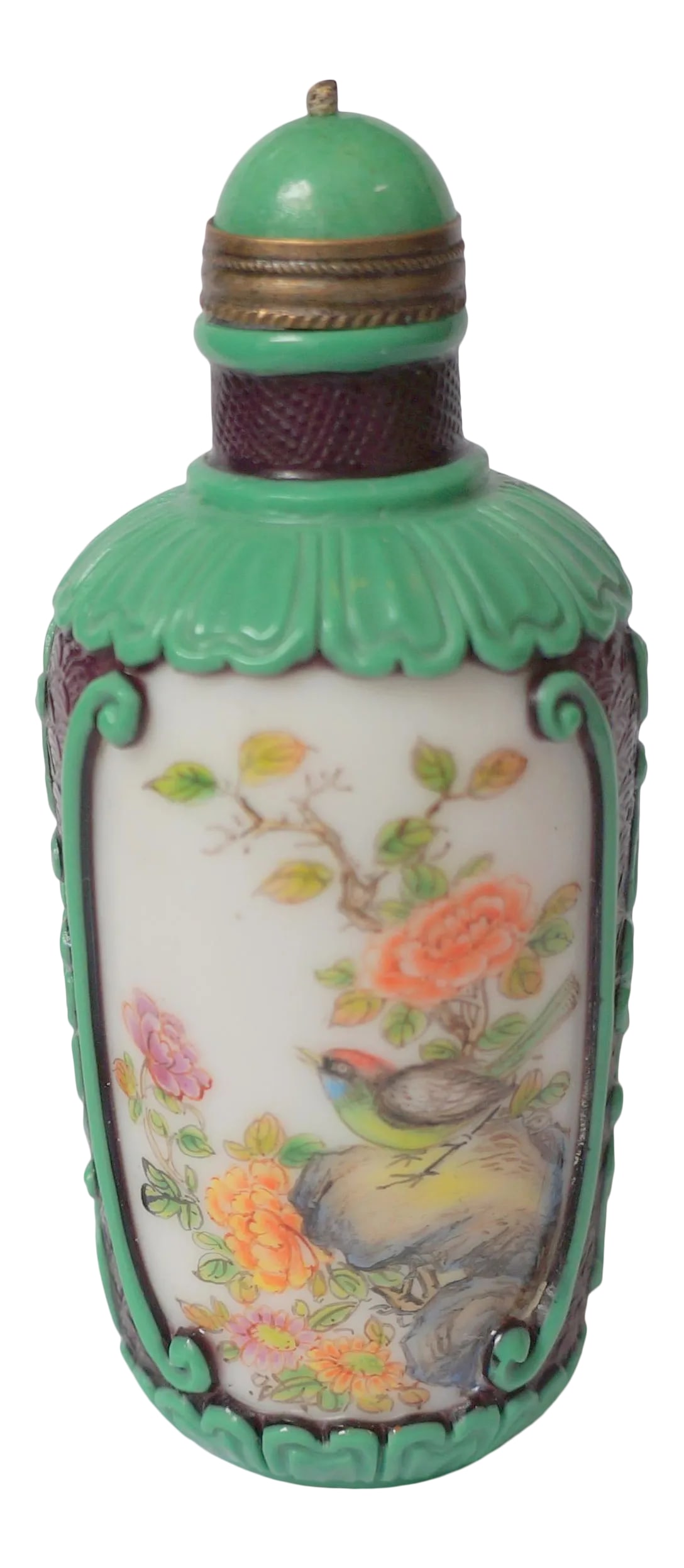 1990s Beijing Glass Snuff Bottle With Floral Painting: This is a snuff bottle makers' tour de force, makers in plural, the glass maker and the painter working together to create this masterpiece. Surely it is one of the finest examples of modern snuff