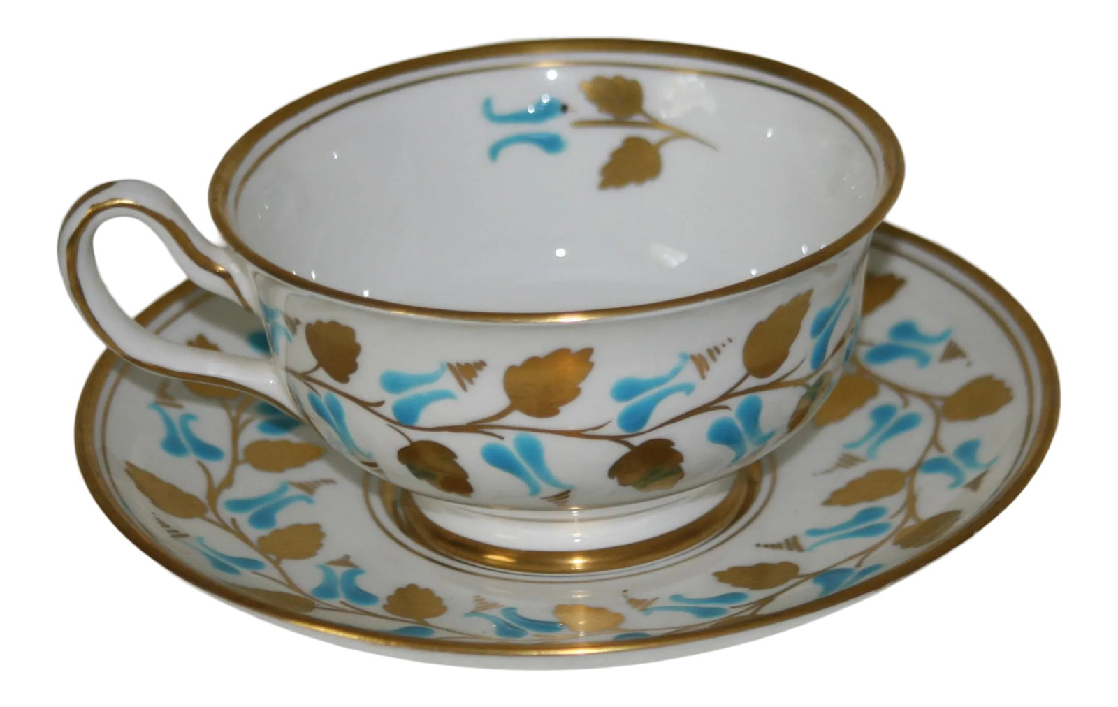 Vintage Porcelain English Royal Chelsea Footed Turquoise & Gold Hand Painted Teacup & Saucer Set- 2: Vintage Royal Chelsea England Footed Teacup & Saucer This turquoise and gold hand painted teacup & saucer was produced after 1943 in England by Royal Chelsea. The company was a subsidiary of Chelsea