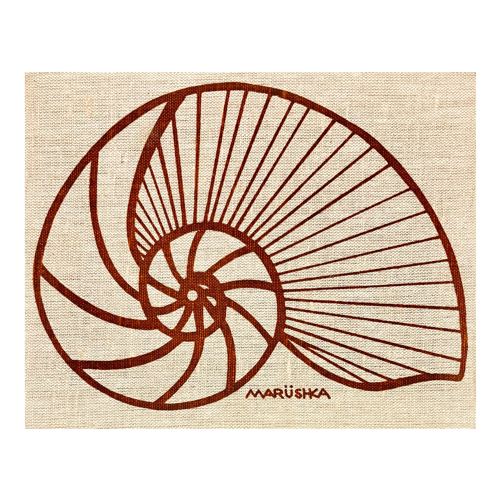 Vintage Marushka Nautilus Screen Print on Stretched Linen Canvas Wall Hanging: Shell game. Vintage Marushka screen print of a nautilus shell on a stretched linen canvas. Founded by Richard Sweet in 1971 in Michigan, Marushka was known for creating hand-screened fabric art, in