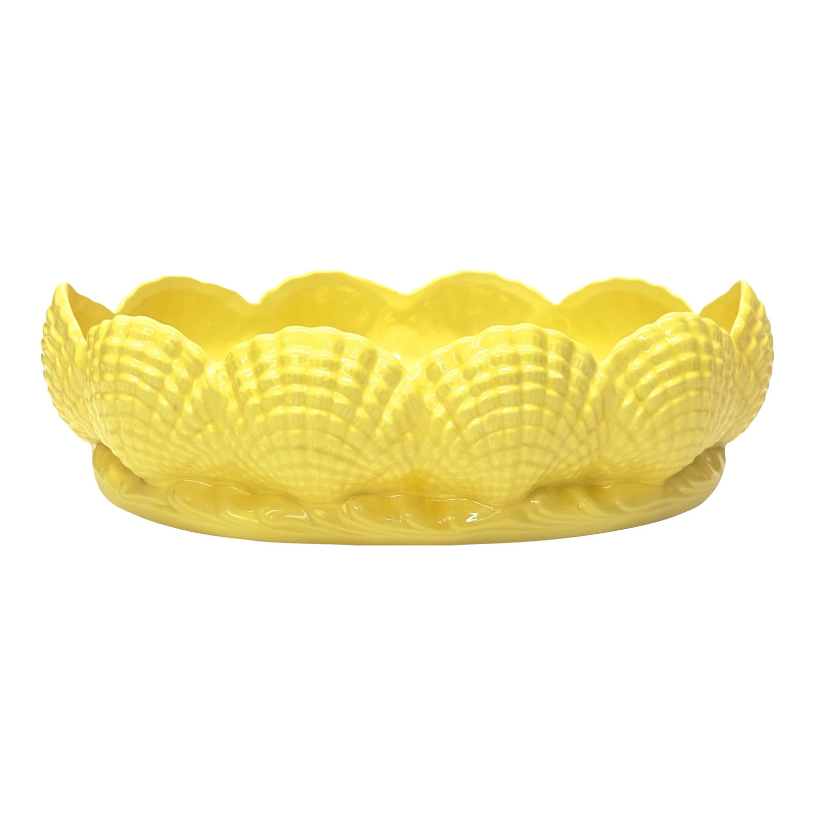 Vintage Lemon Yellow Ceramic Seashell Bowl: Yellow ceramic bowl. This is a stunning Mid-Century lemon-yellow ceramic shell motif serving bowl. 12.5"W x 9.5"D x 3.5"H Condition: Alterations: Original Condition Unaltered Imperfections: Some Imper