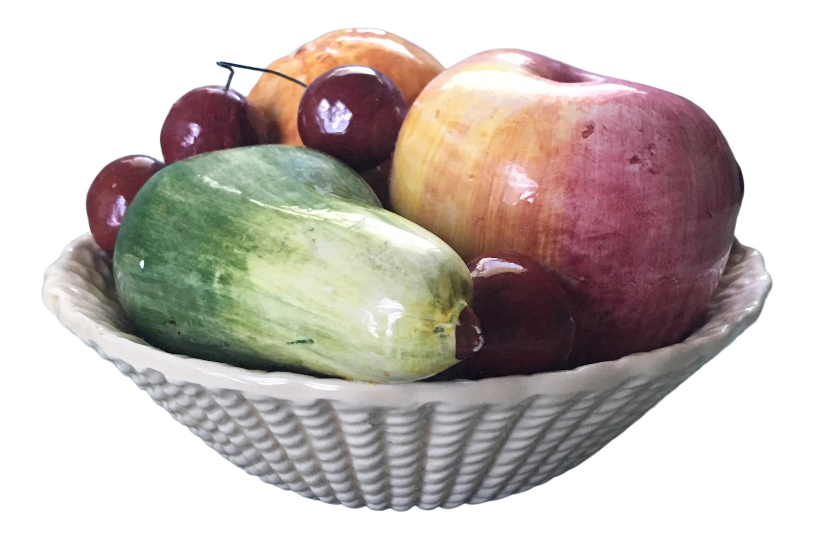 Vintage 1950s Bassano Italy Faux Fruit Woven Basket Ceramic Bowl: A collection of richly toned & beautifully shaded Italian ceramic faux fruit consisting of cherries, an apple, an orange and a pear resting comfortably in a rope twist pattern bowl in a lovely