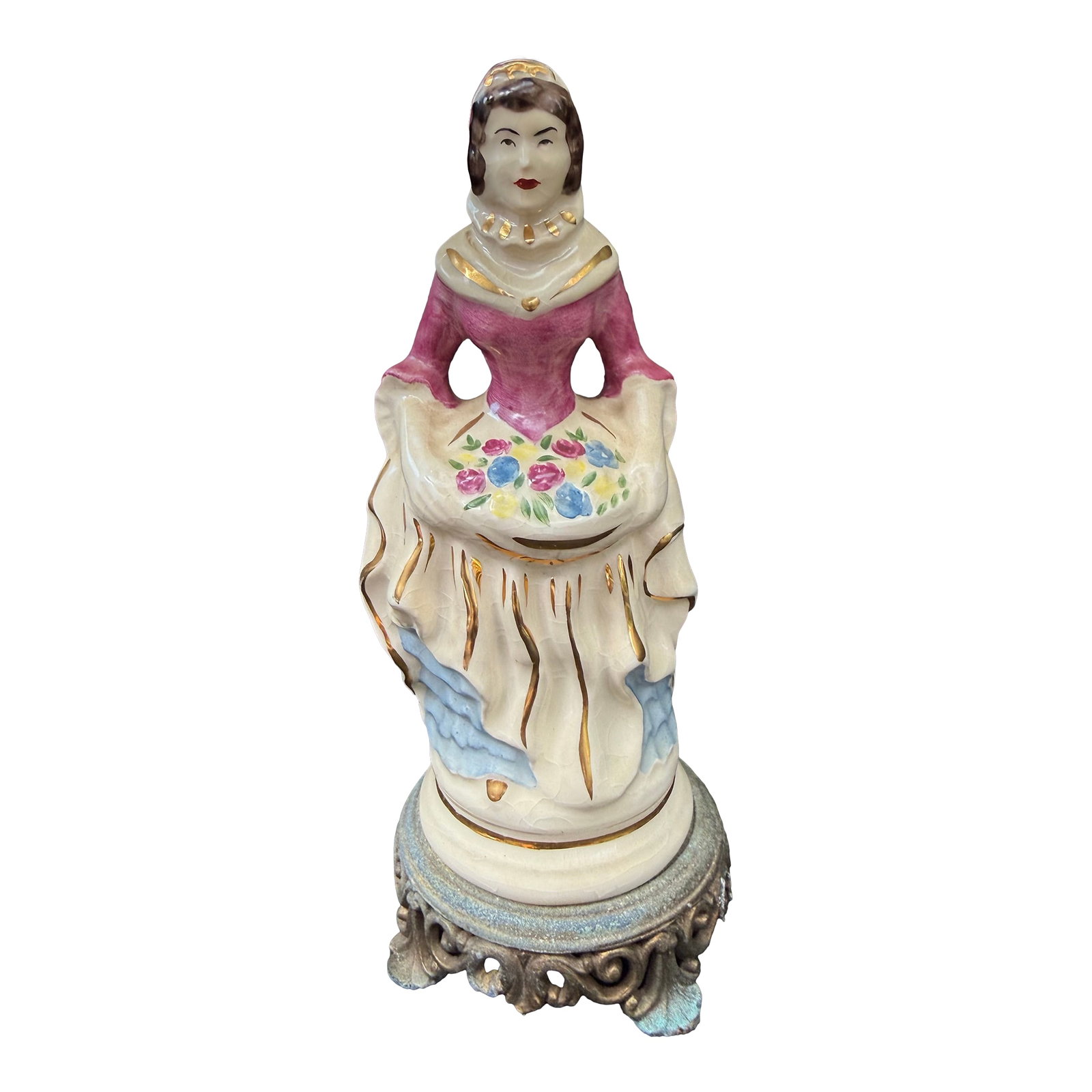 Antique 19th Century Staffordshire Eng. Figurine Scottish Lady on Metal Base 9in: Antique 19th Century Staffordshire ENG. Figurine Scottish Lady On Metal Base 9in Excellent condition This antique 19th century Staffordshire figurine depicts a Scottish lady on a metal base, standing