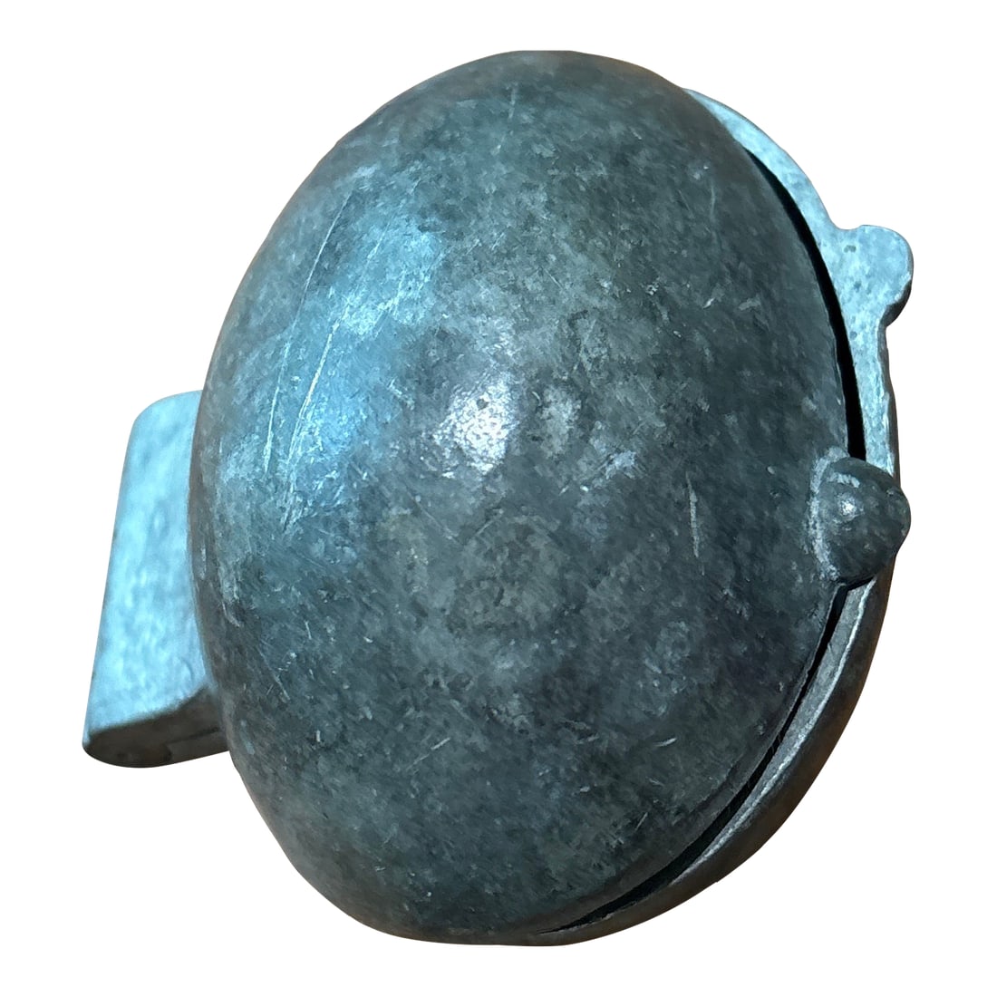Vintage Pewter Egg Chocolate/Candy/Ice Cream Mold: Vintage egg pewter mold, likely used for making ice cream or chocolate or candy in the shape of an egg. It features a hinged, two-piece structure with a smooth inner texture to create a realistic egg