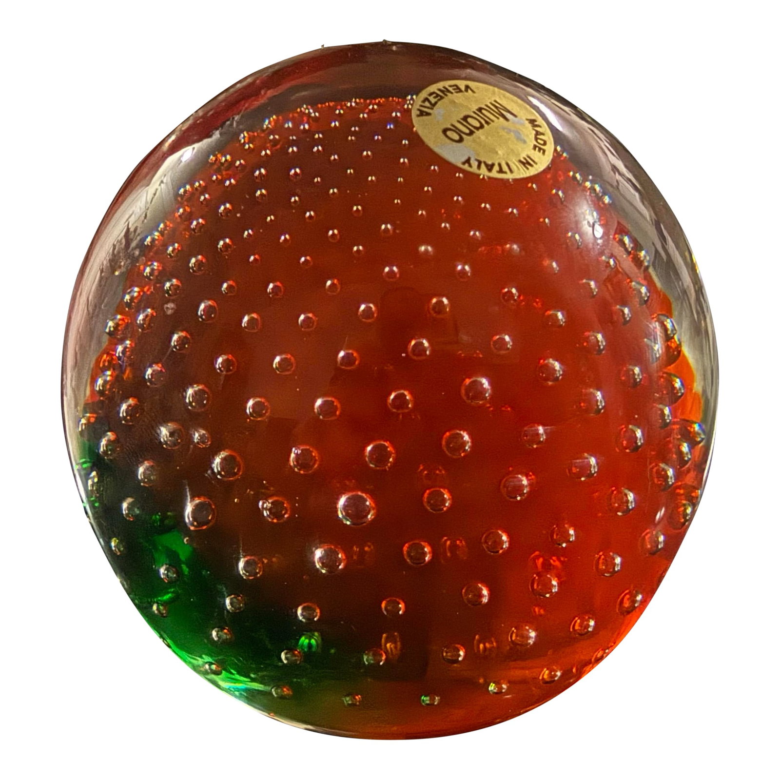 1970s Murano Multi-Color Controlled Bubble Glass Paperweight With Sticker: Murano Multi-Color Controlled Bubble Glass Paperweight With Sticker Excellent condition with original Murano Sticker Measurements : about 3x3in The Murano Multi-Color Controlled Bubble Glass