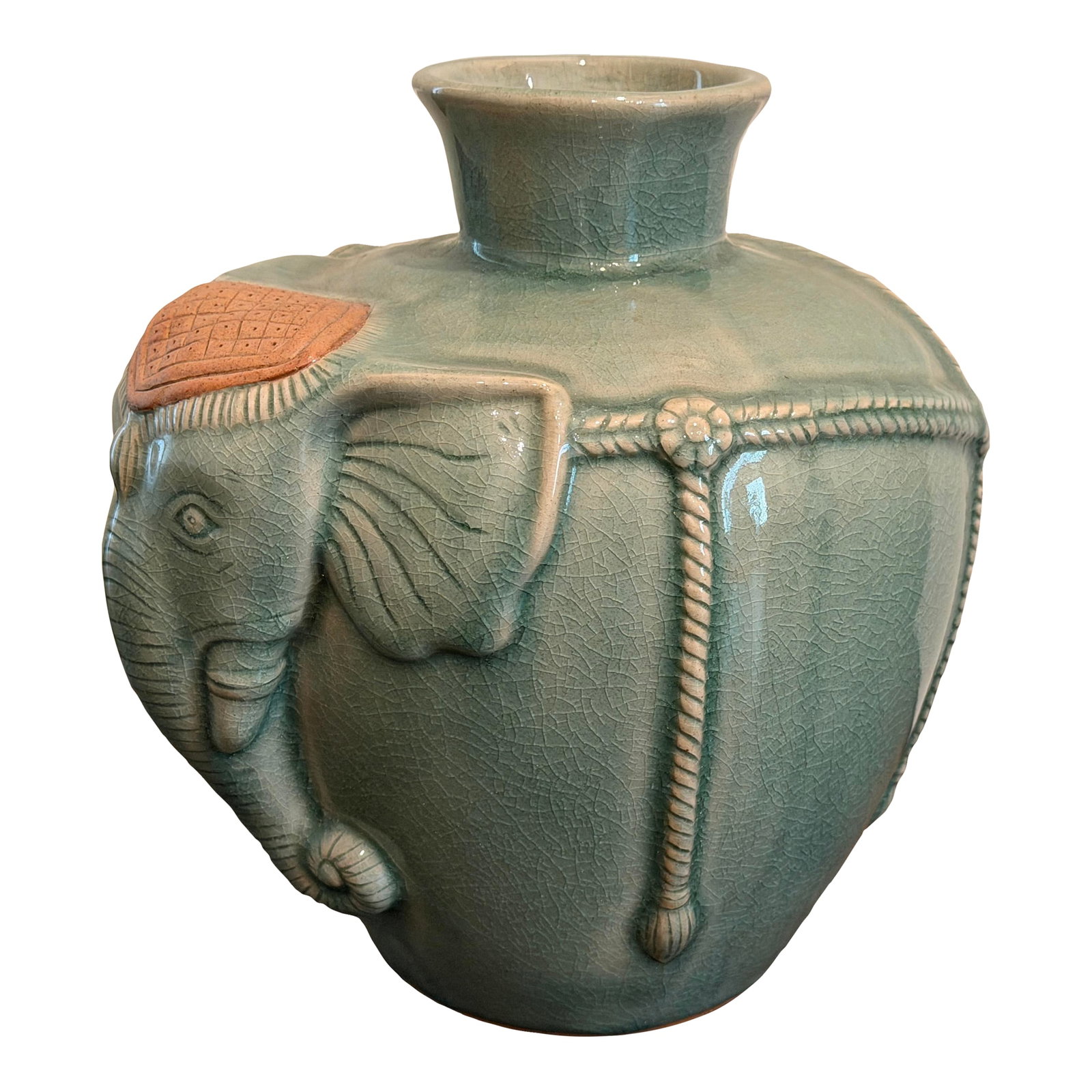Siam Celedon Elephant Style Vase: Authentic green CELEDON decorative vase in elephant style from Thailand 11" tall, 12" long, 9" wide. Vase opening is 3" in diameter. Elephants are believed to bring good luck. This vase has an