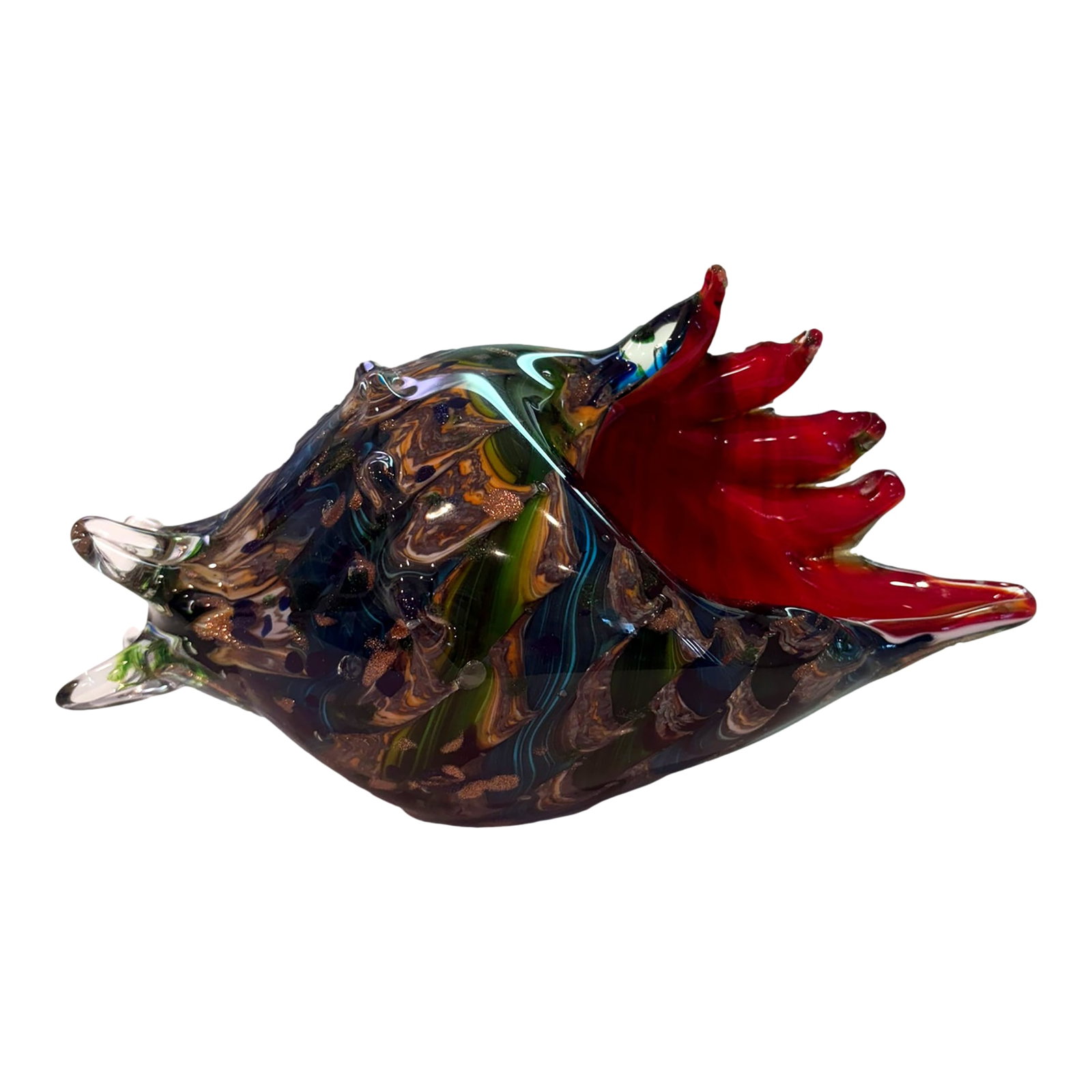 Murano Style Hand Blown Art Glass Conch Shell Bowl With Red Lip Coffee Book Topper: Murano Style Hand Blown Art Glass Conch Shell Bowl With Red Lip Sculptural Murano style hand blown art glass conch shell bowl with a bold red interior and glossy teal blue swirl body with shimmering