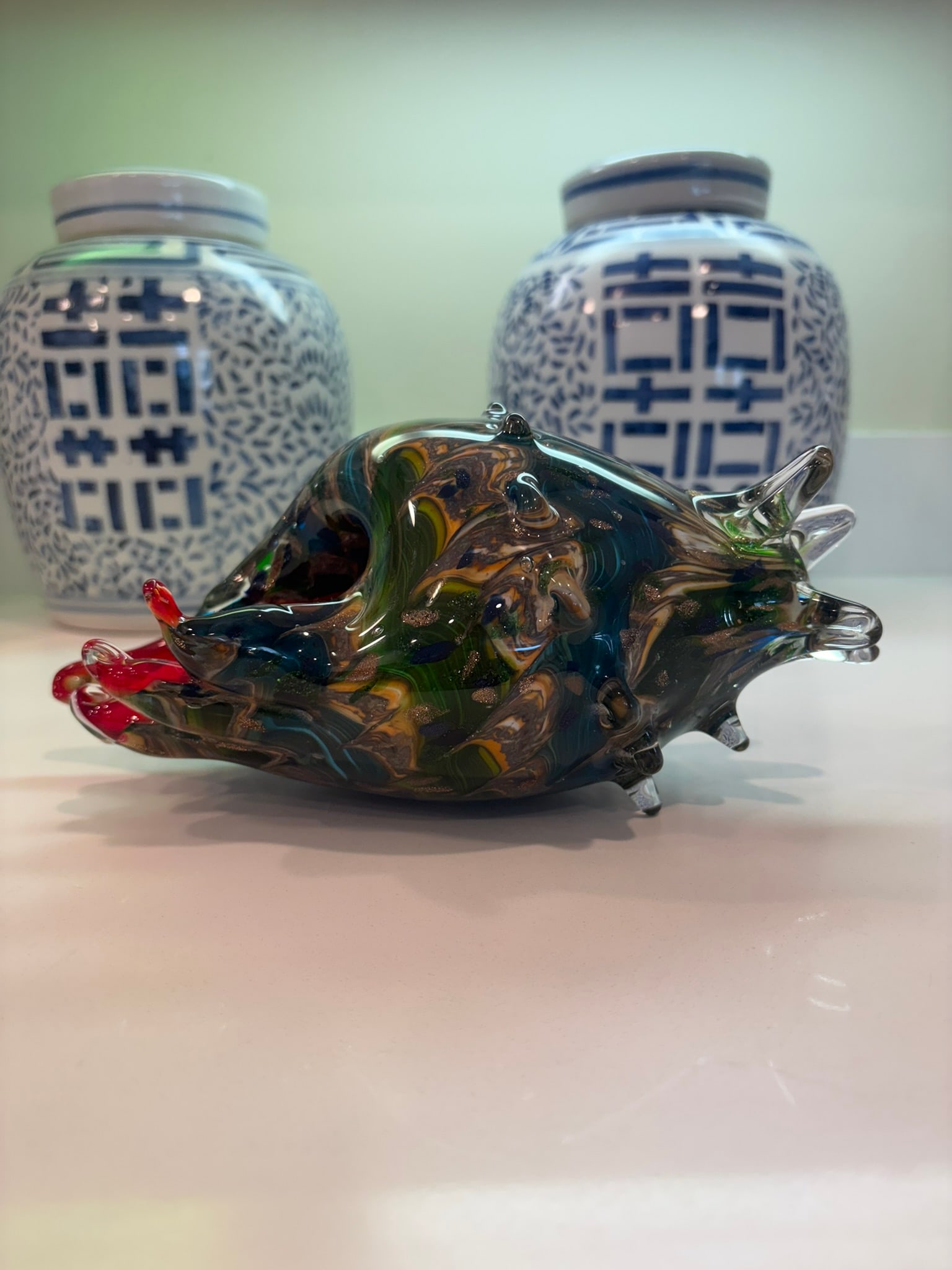Murano Style Hand Blown Art Glass Conch Shell Bowl With Red Lip Coffee Book Topper - 2
