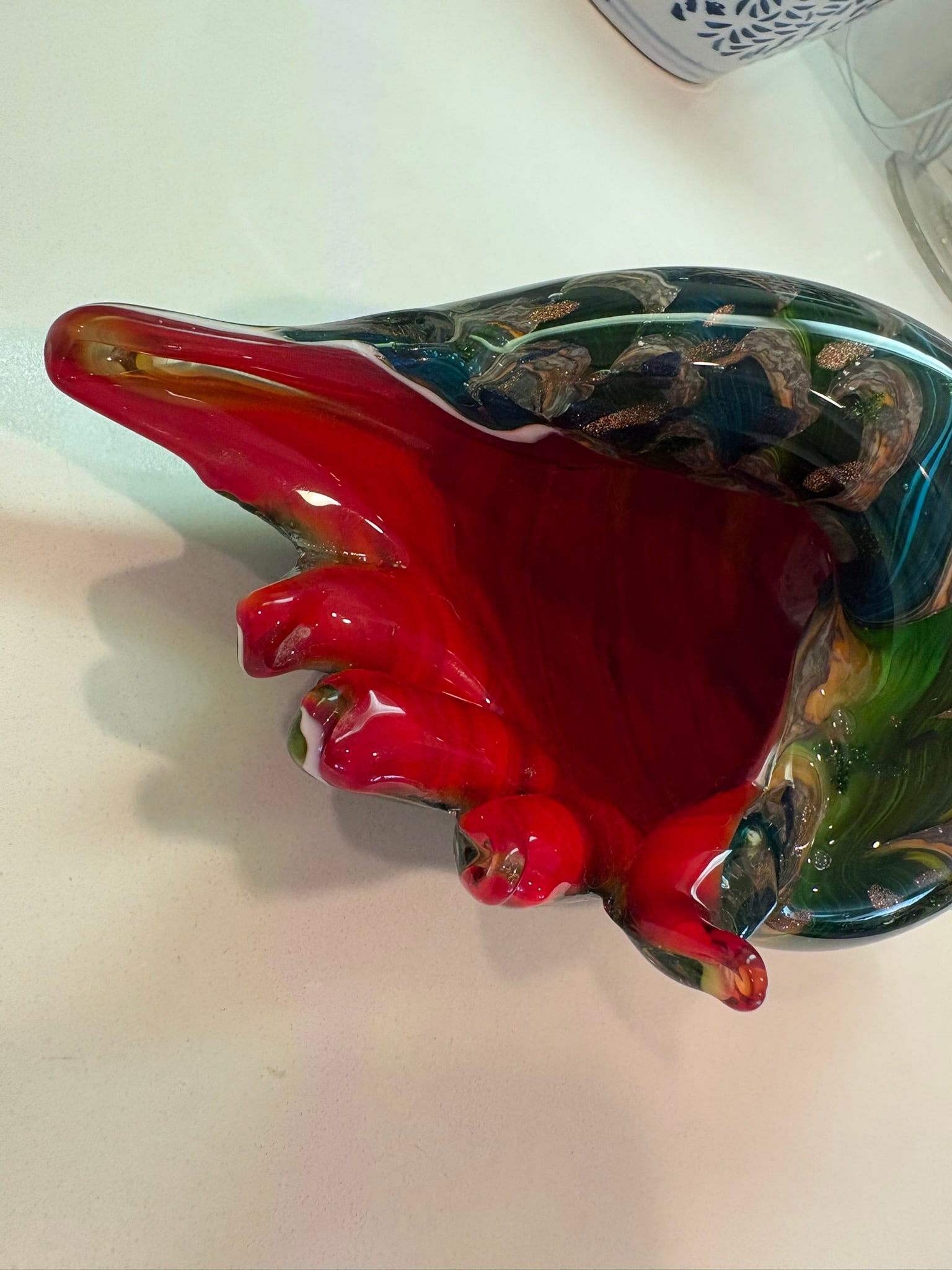 Murano Style Hand Blown Art Glass Conch Shell Bowl With Red Lip Coffee Book Topper - 3