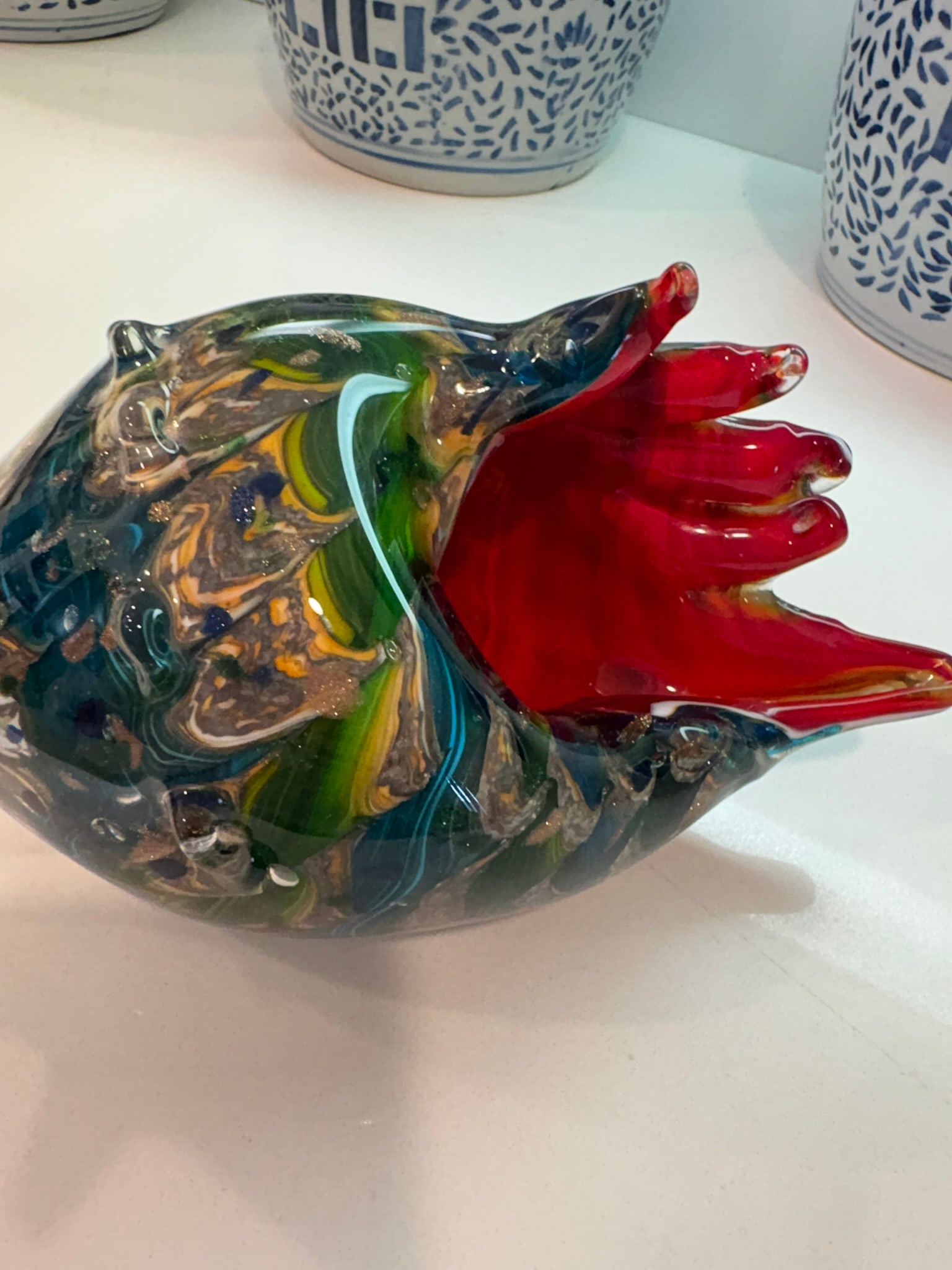 Murano Style Hand Blown Art Glass Conch Shell Bowl With Red Lip Coffee Book Topper - 5