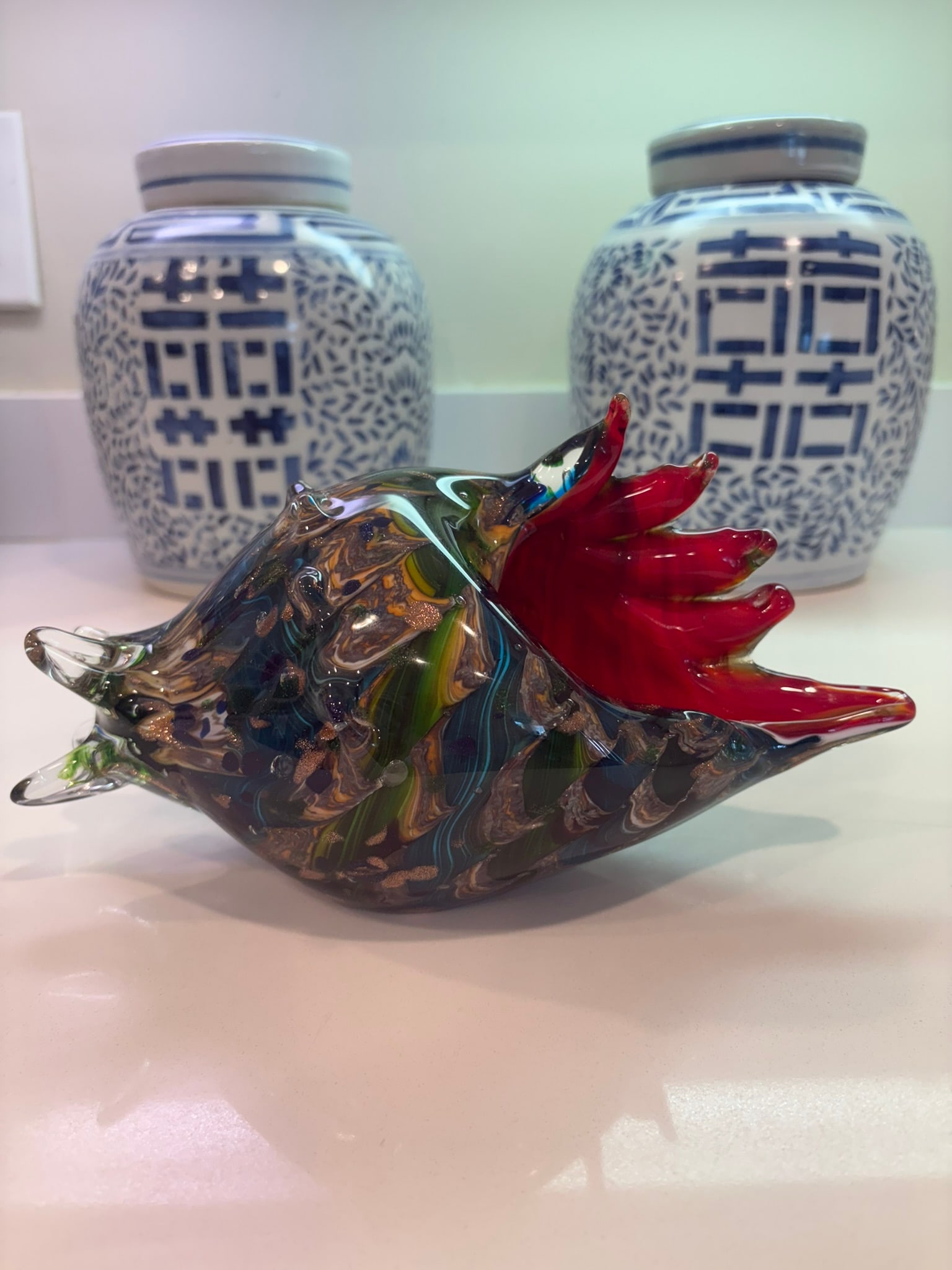Murano Style Hand Blown Art Glass Conch Shell Bowl With Red Lip Coffee Book Topper - 8