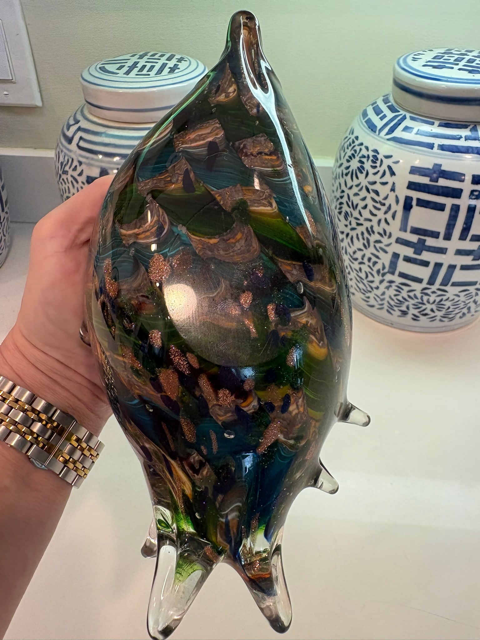 Murano Style Hand Blown Art Glass Conch Shell Bowl With Red Lip Coffee Book Topper - 9