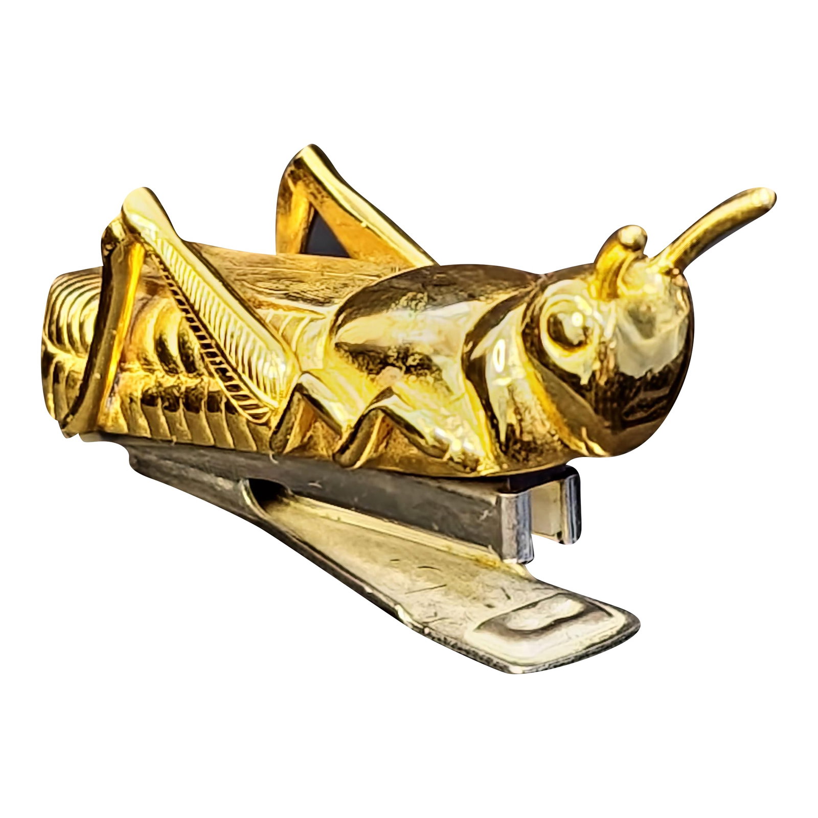 1978 Rexel Bambi Vintage Collectible 24k G.P.St Lucky Grasshopper Stapler: Stunning piece of vintage history. The Rexel Bambi 1978 Vintage Collectible 24k Gold Plated Lucky Grasshopper Stapler is a unique desktop item that exudes charm and nostalgia. Crafted in the United Ki