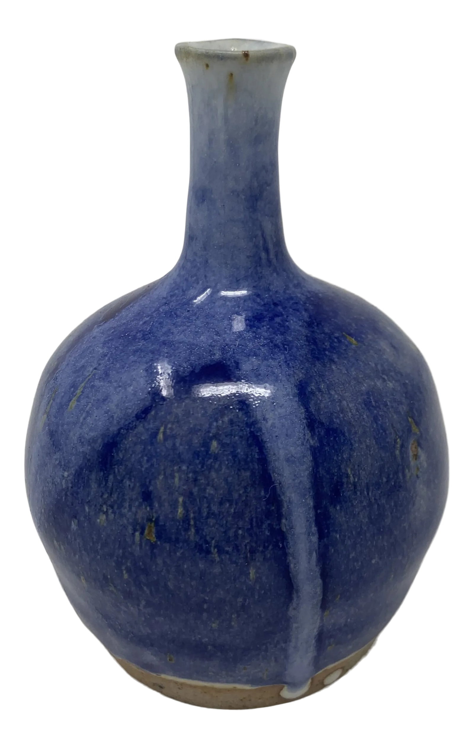 Mid 20th Century Round Blue Ceramic Vase: Beautiful periwinkle blue miniature vase. Adds a perfect pop of color to any space. Condition: Alterations: Original Condition Unaltered Imperfections: Some Imperfections Condition Notes: Good Wear