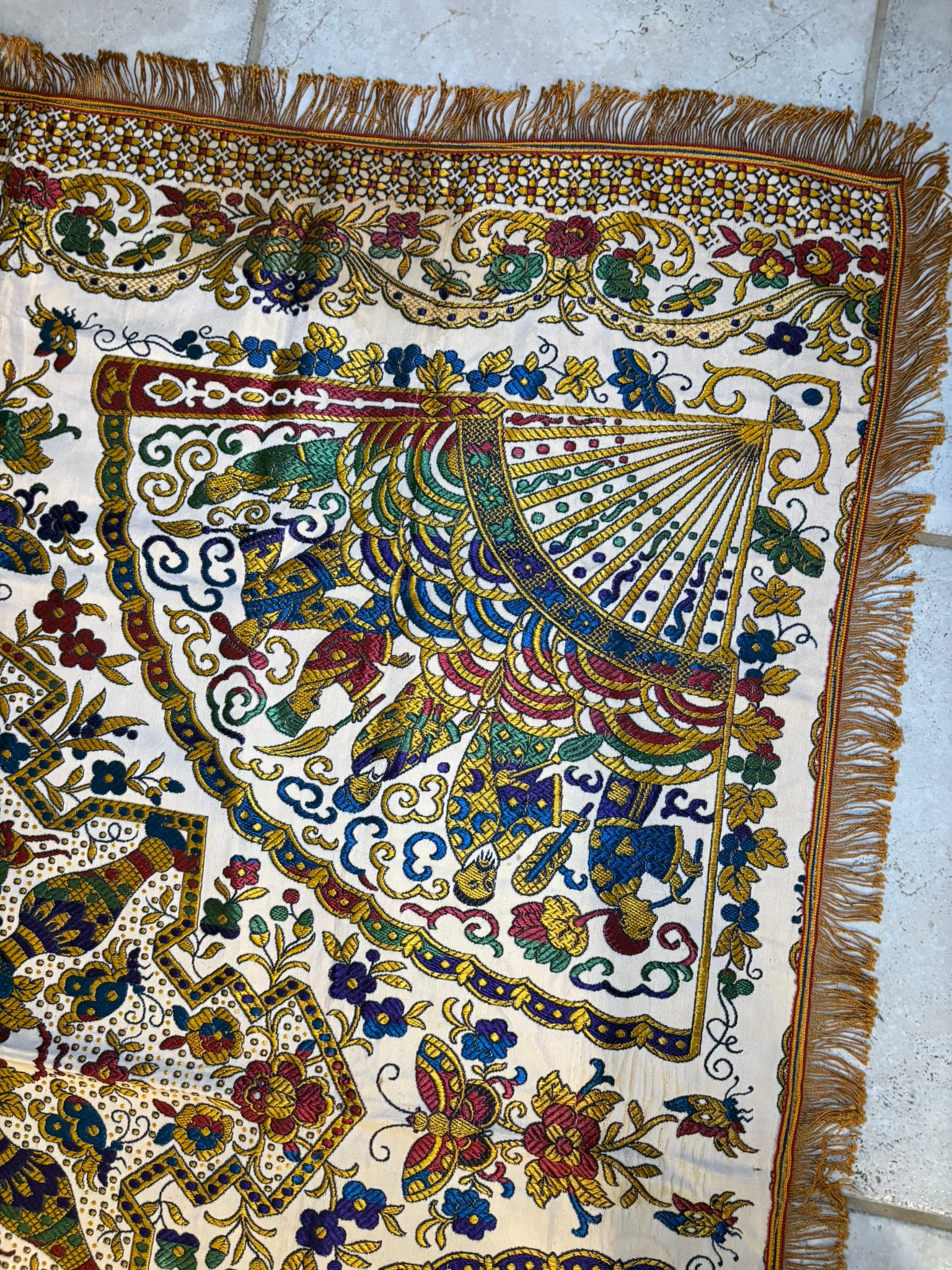 Vintage Gold Brocade Silk Blend Chinoiserie Fringe Tablecloth or Tapestry 55 X 49 - 10