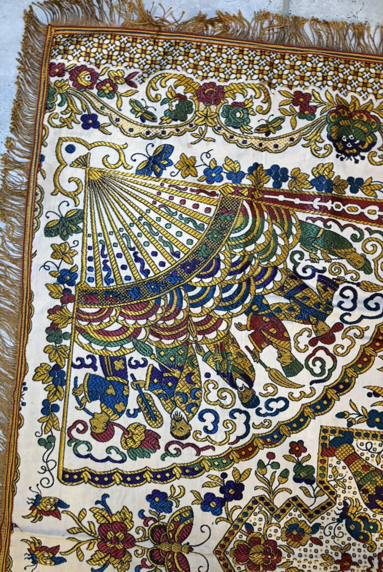 Vintage Gold Brocade Silk Blend Chinoiserie Fringe Tablecloth or Tapestry 55 X 49 - 11