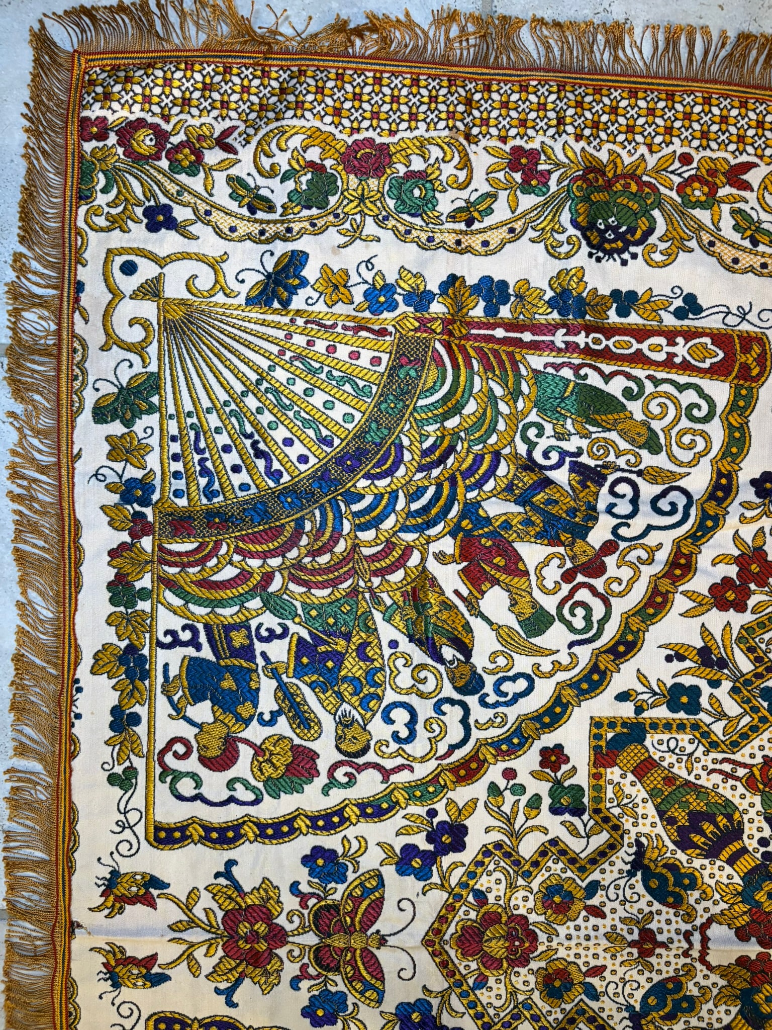 Vintage Gold Brocade Silk Blend Chinoiserie Fringe Tablecloth or Tapestry 55 X 49 - 13