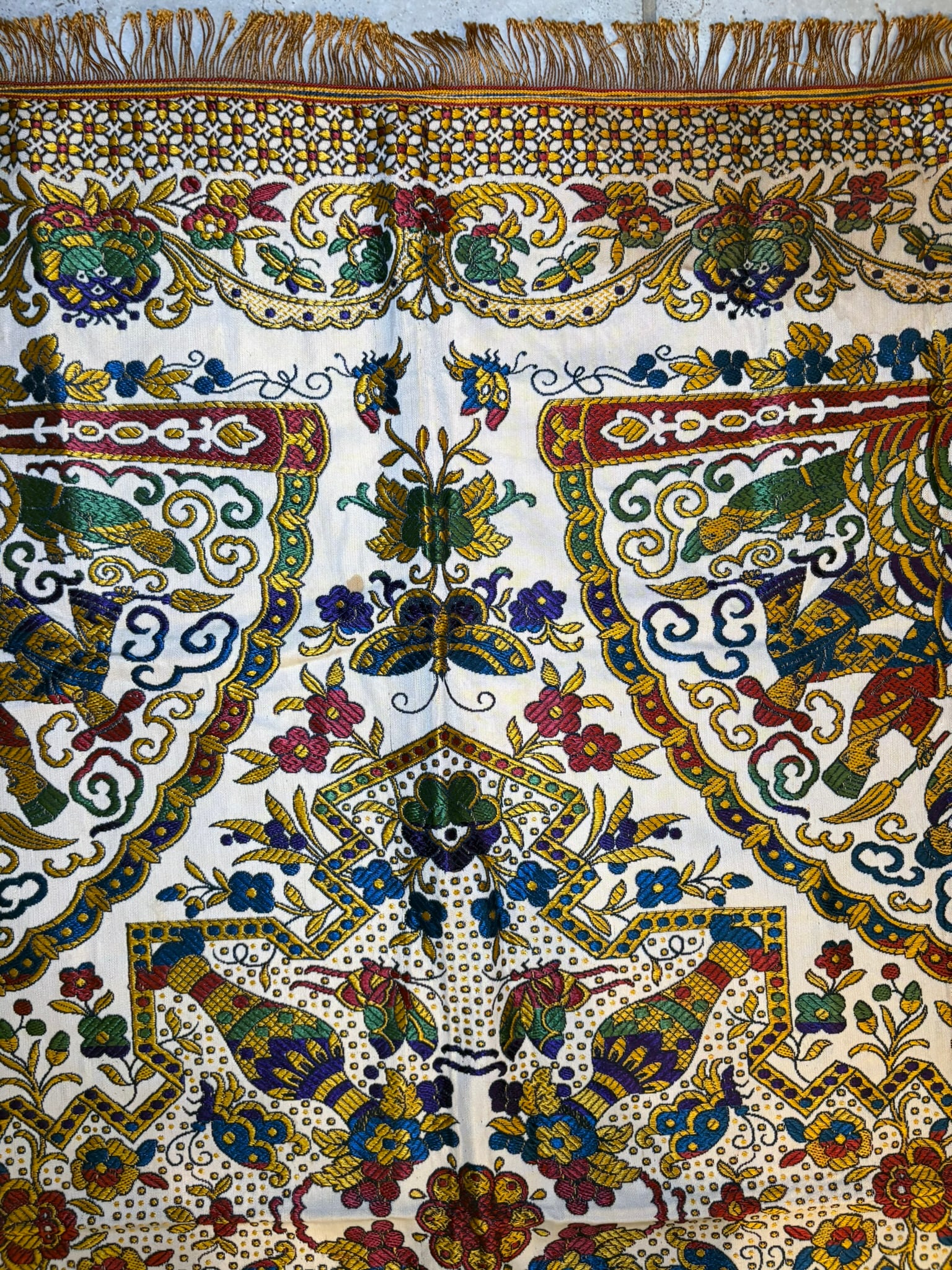 Vintage Gold Brocade Silk Blend Chinoiserie Fringe Tablecloth or Tapestry 55 X 49 - 14