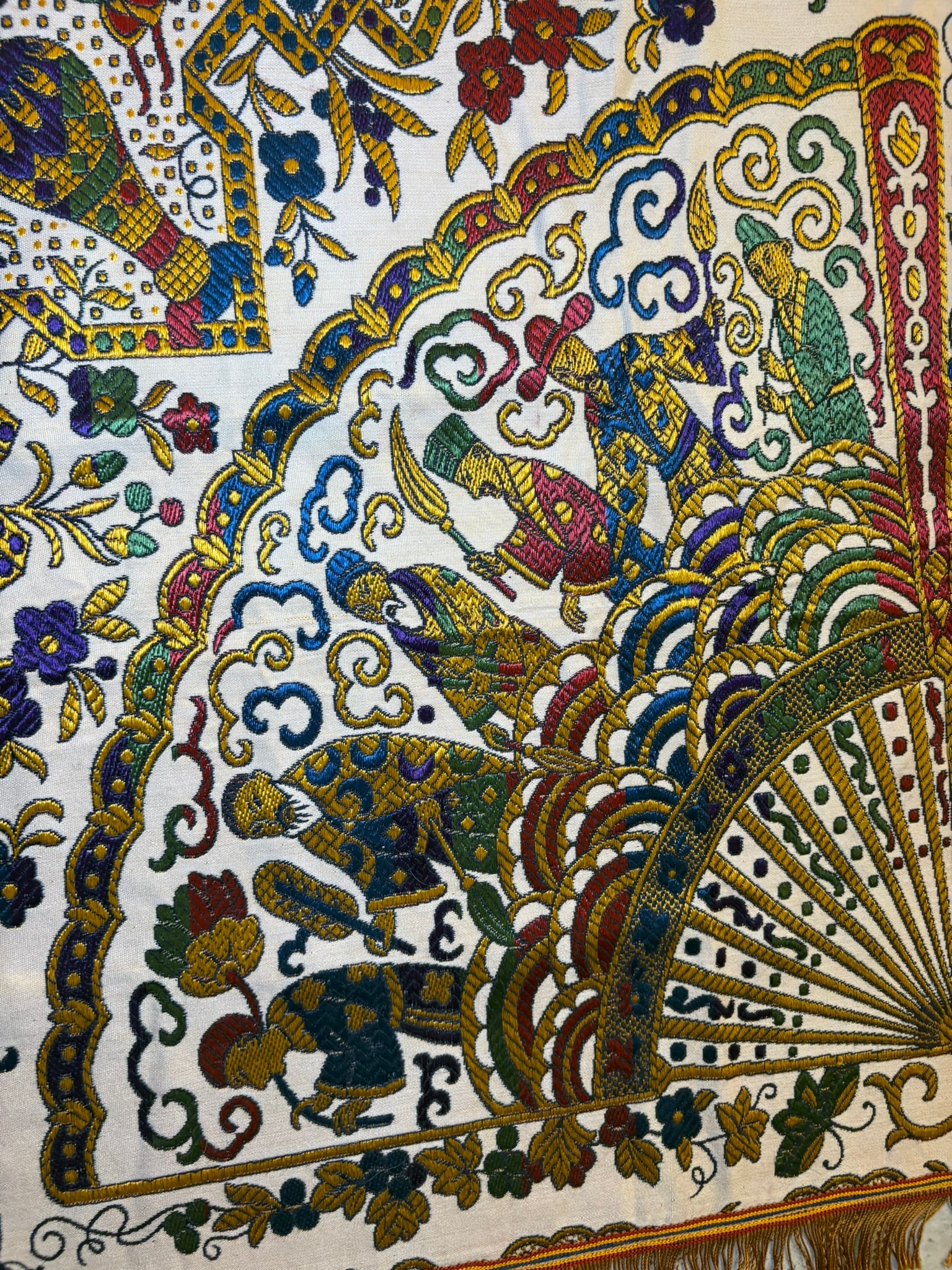 Vintage Gold Brocade Silk Blend Chinoiserie Fringe Tablecloth or Tapestry 55 X 49 - 16