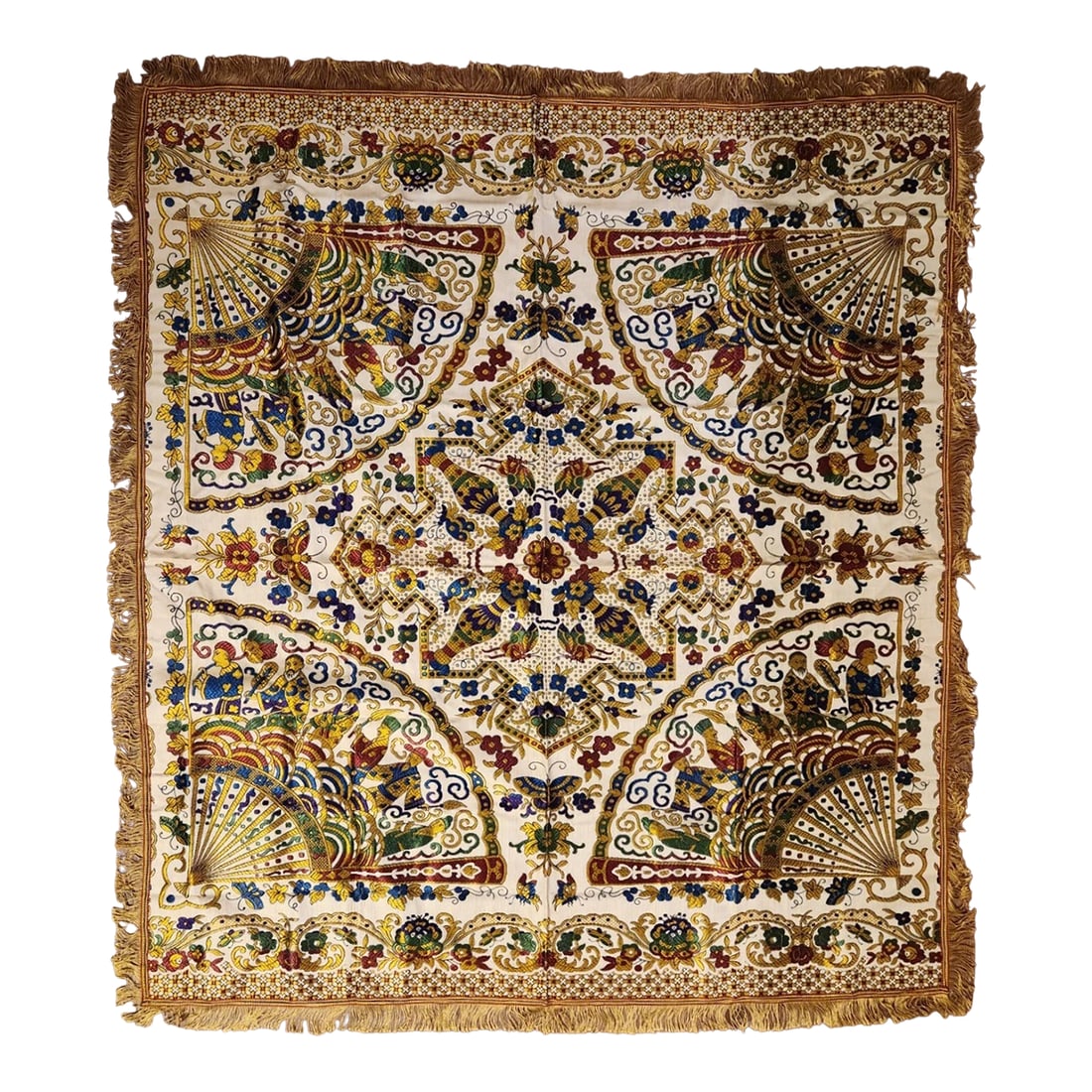 Vintage Gold Brocade Silk Blend Chinoiserie Fringe Tablecloth or Tapestry 55 X 49: Vintage Gold Brocade Silk Blend Chinoiserie Fringe Tablecloth or Tapestry 55 x 49 Ornate ivory ground textile with multicolor woven motif featuring fans, florals, and figures, finished with a gold