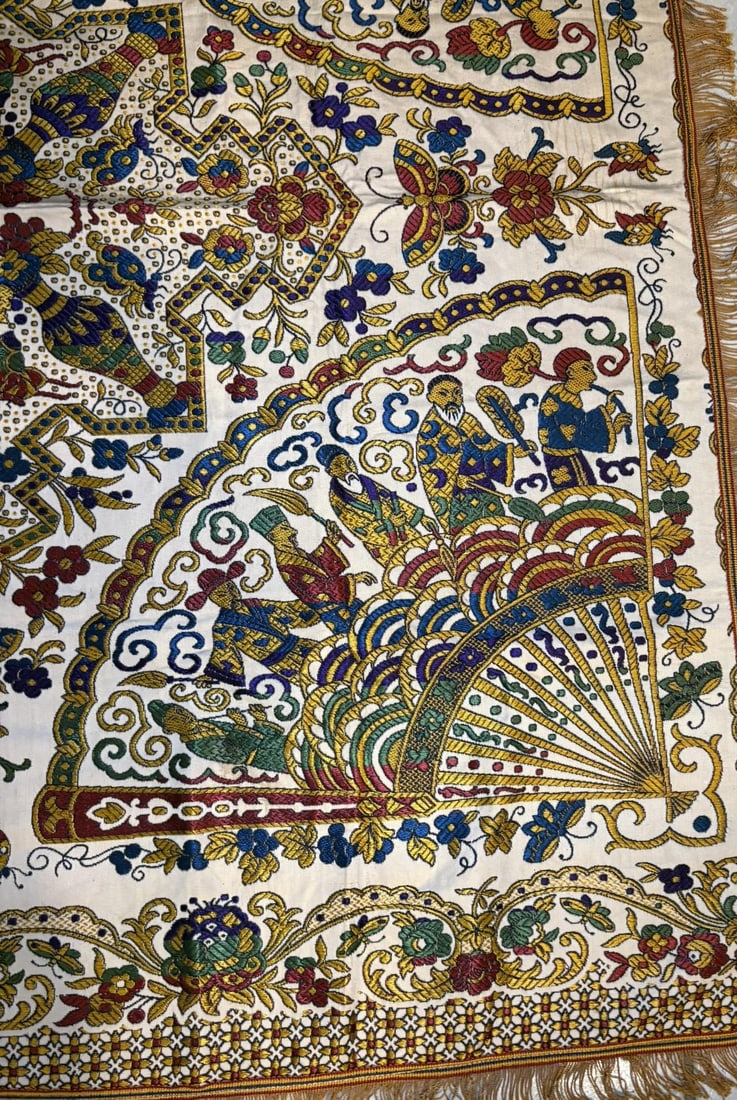 Vintage Gold Brocade Silk Blend Chinoiserie Fringe Tablecloth or Tapestry 55 X 49 - 3