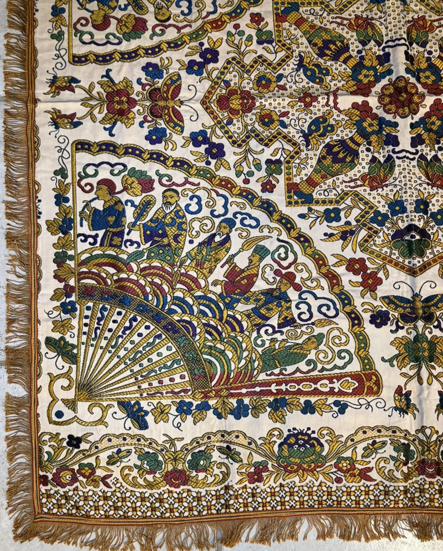 Vintage Gold Brocade Silk Blend Chinoiserie Fringe Tablecloth or Tapestry 55 X 49 - 4